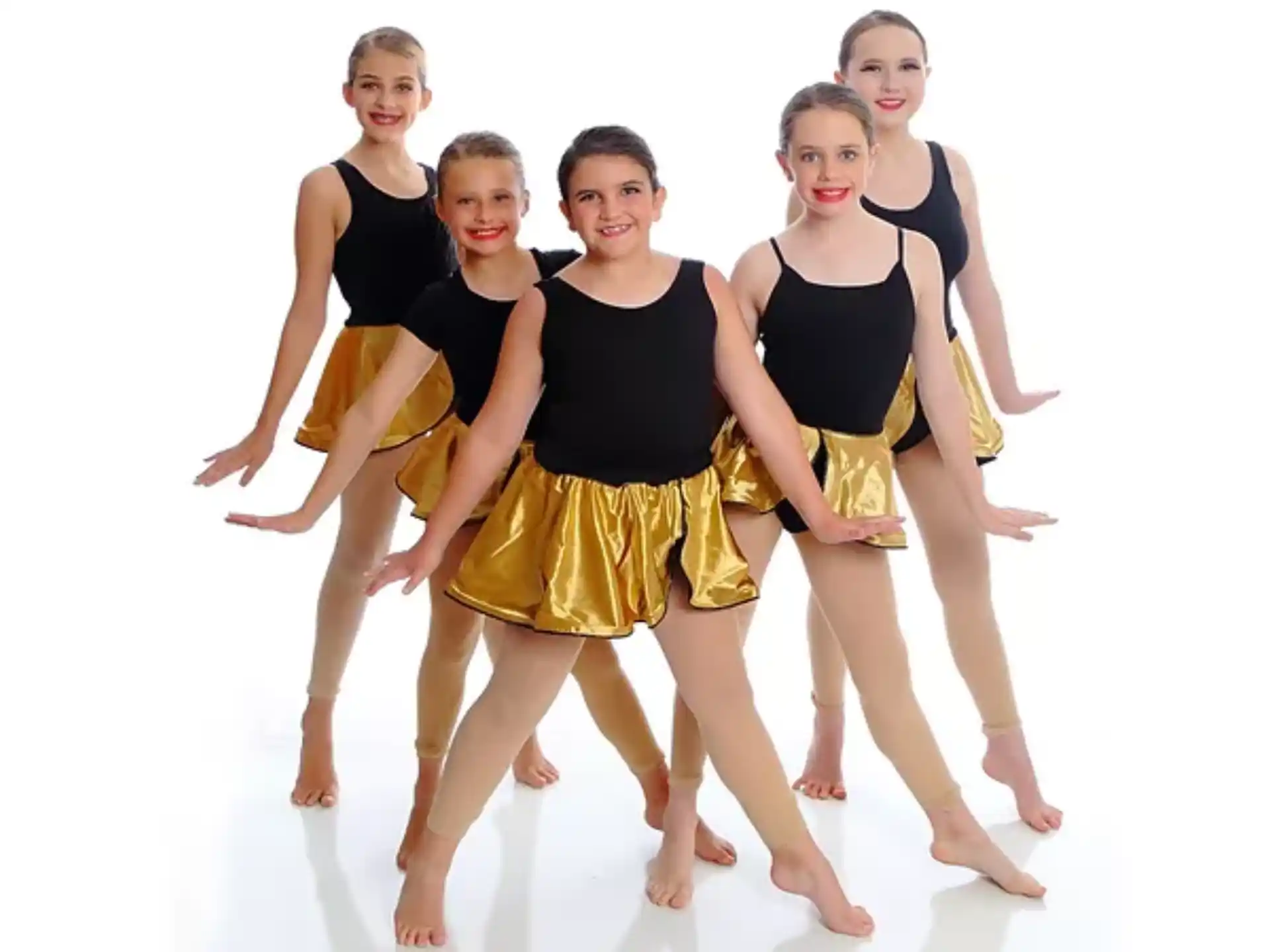 a group of women in black and yellow dresses