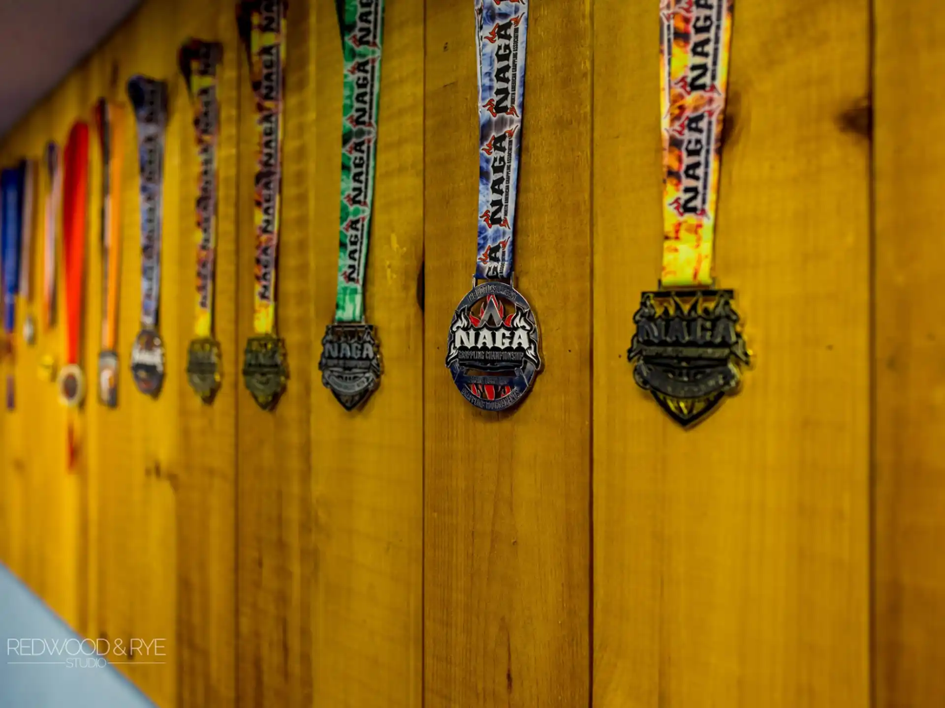 a group of ties on a wall