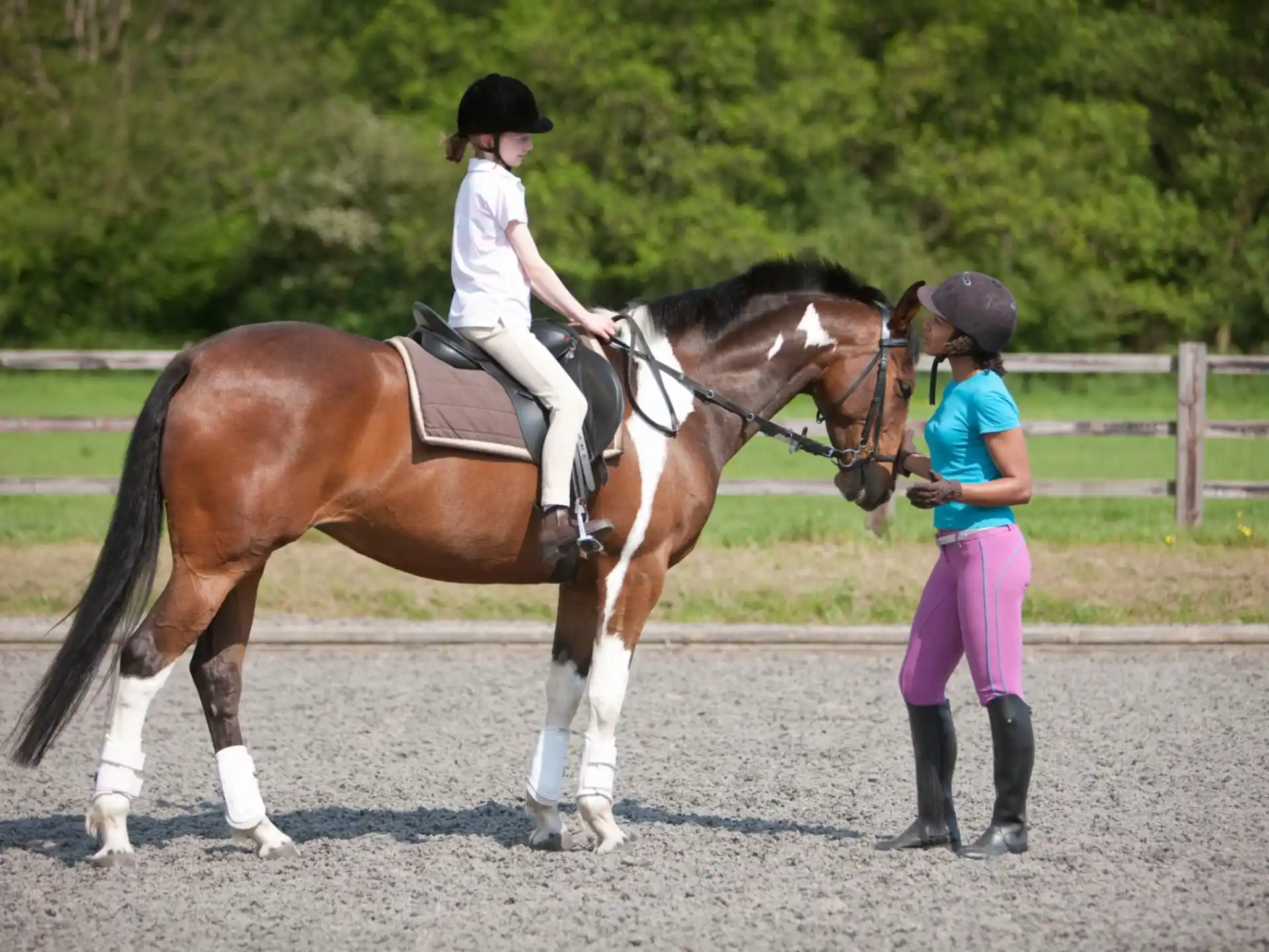 a person riding a horse with a girl standing next to the