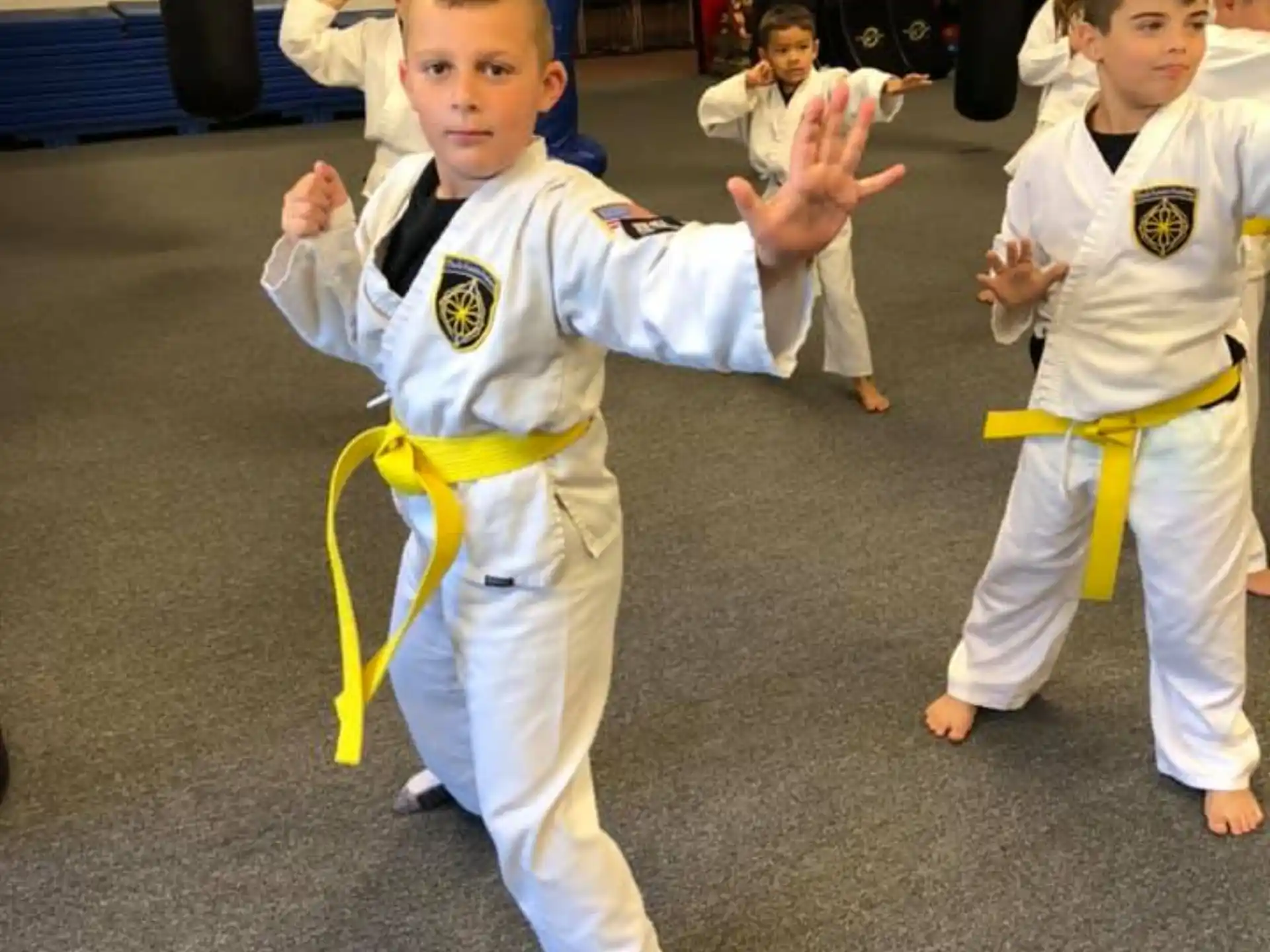 a group of children in karate uniforms