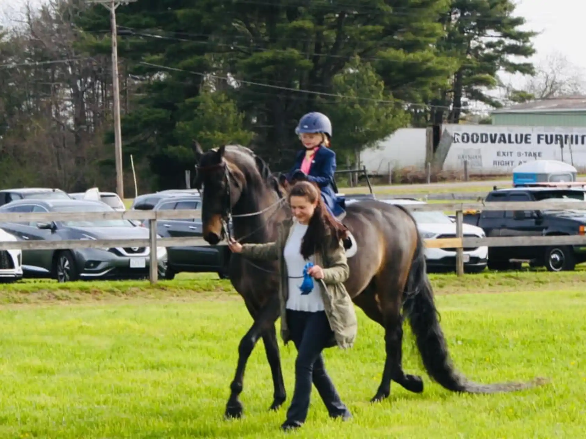 a person walking a horse with a child on it