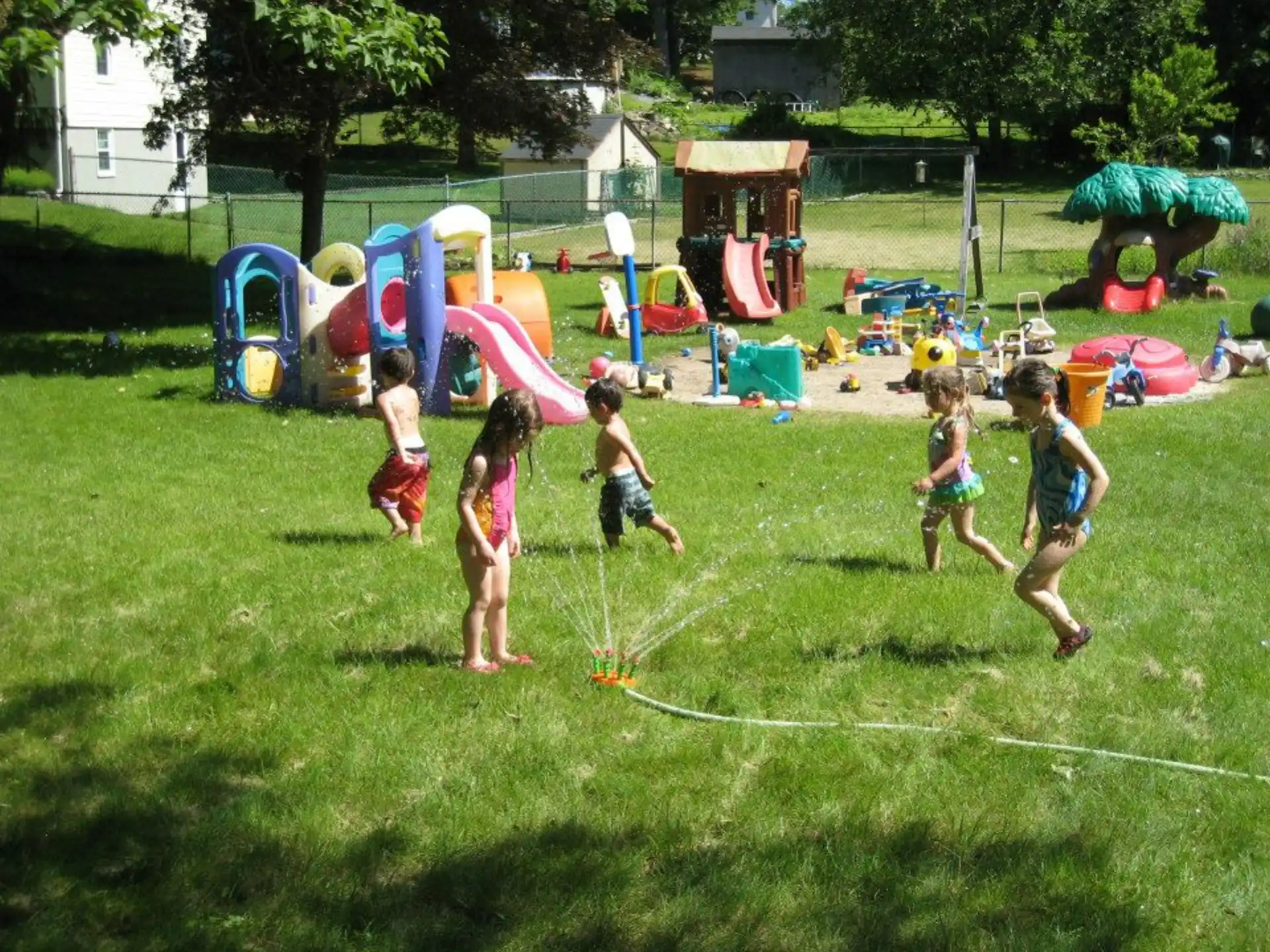 a group of children playing in a grassy area