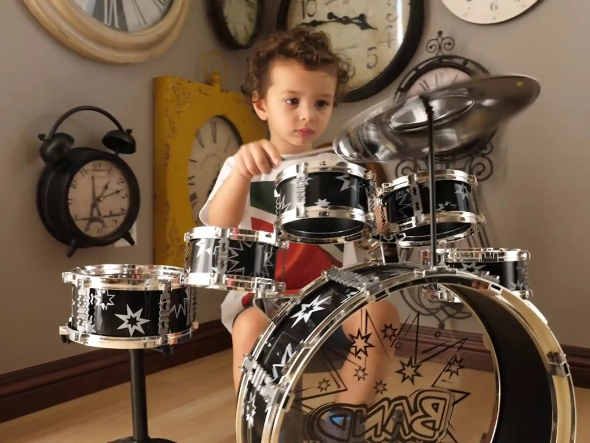 a boy playing drums