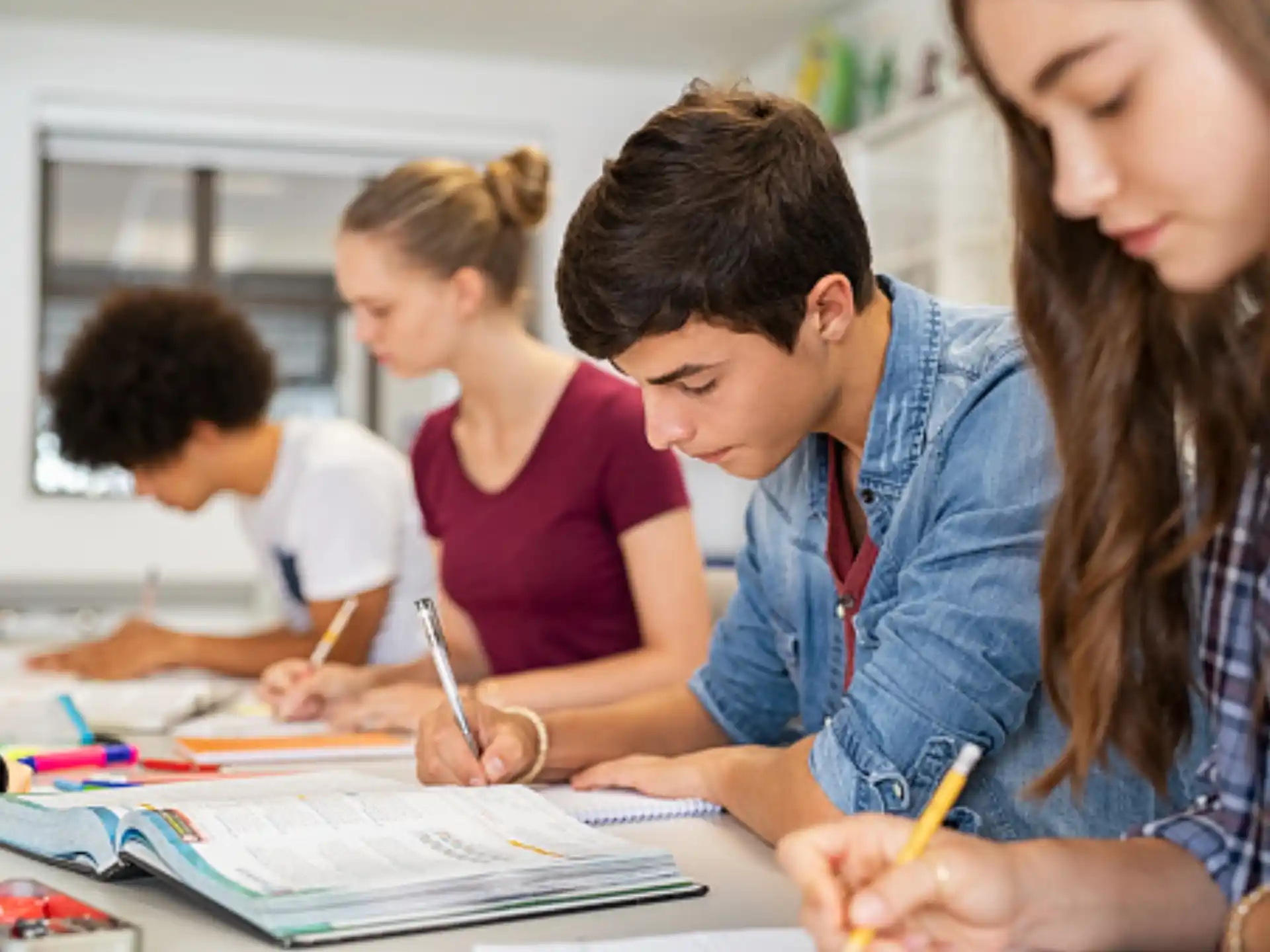a group of people studying