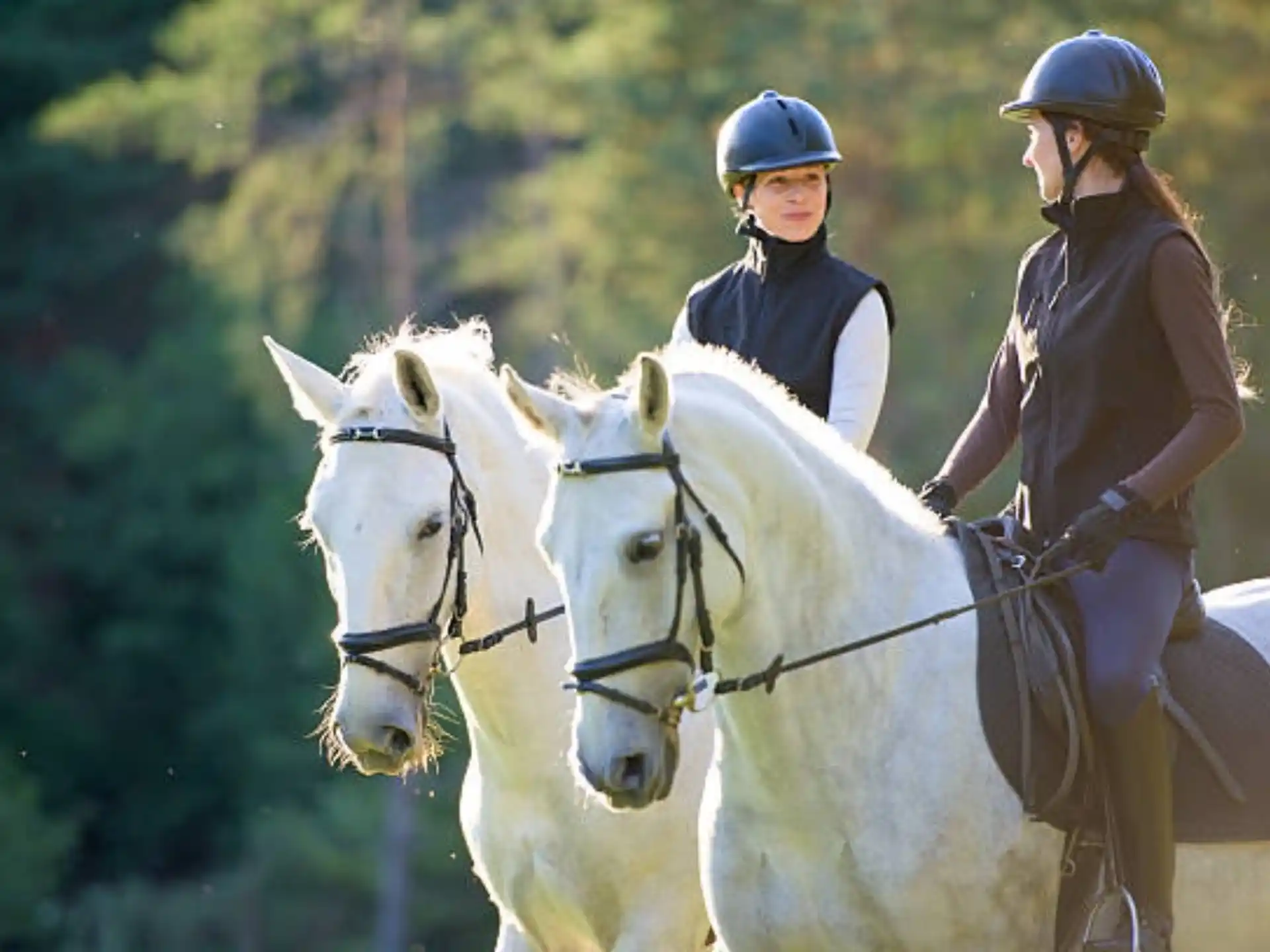 a couple of people ride horses