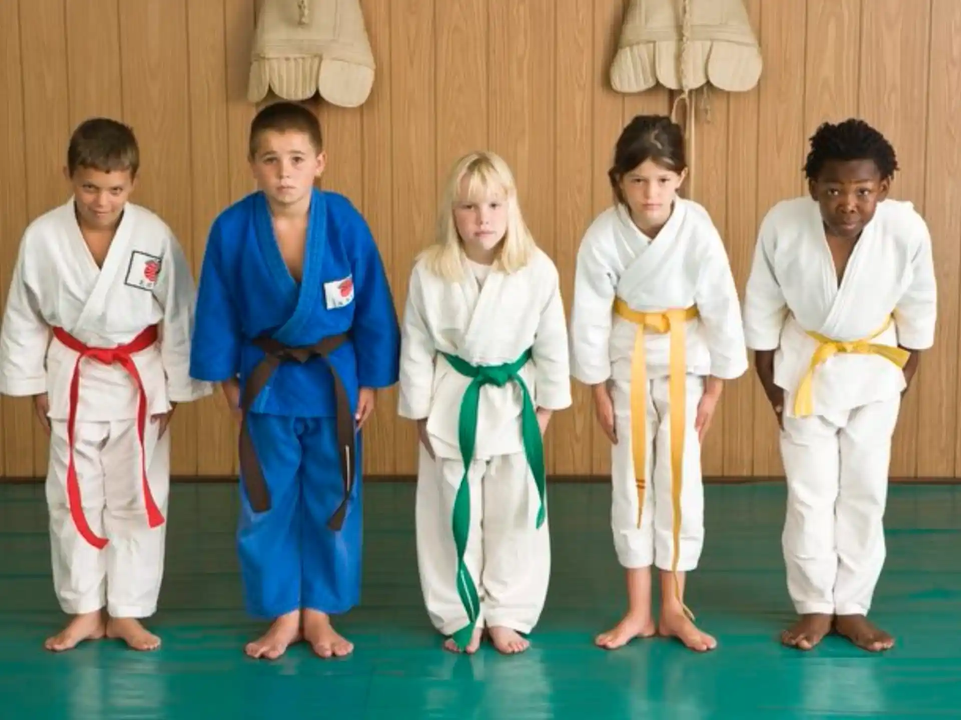 a group of children in karate uniforms