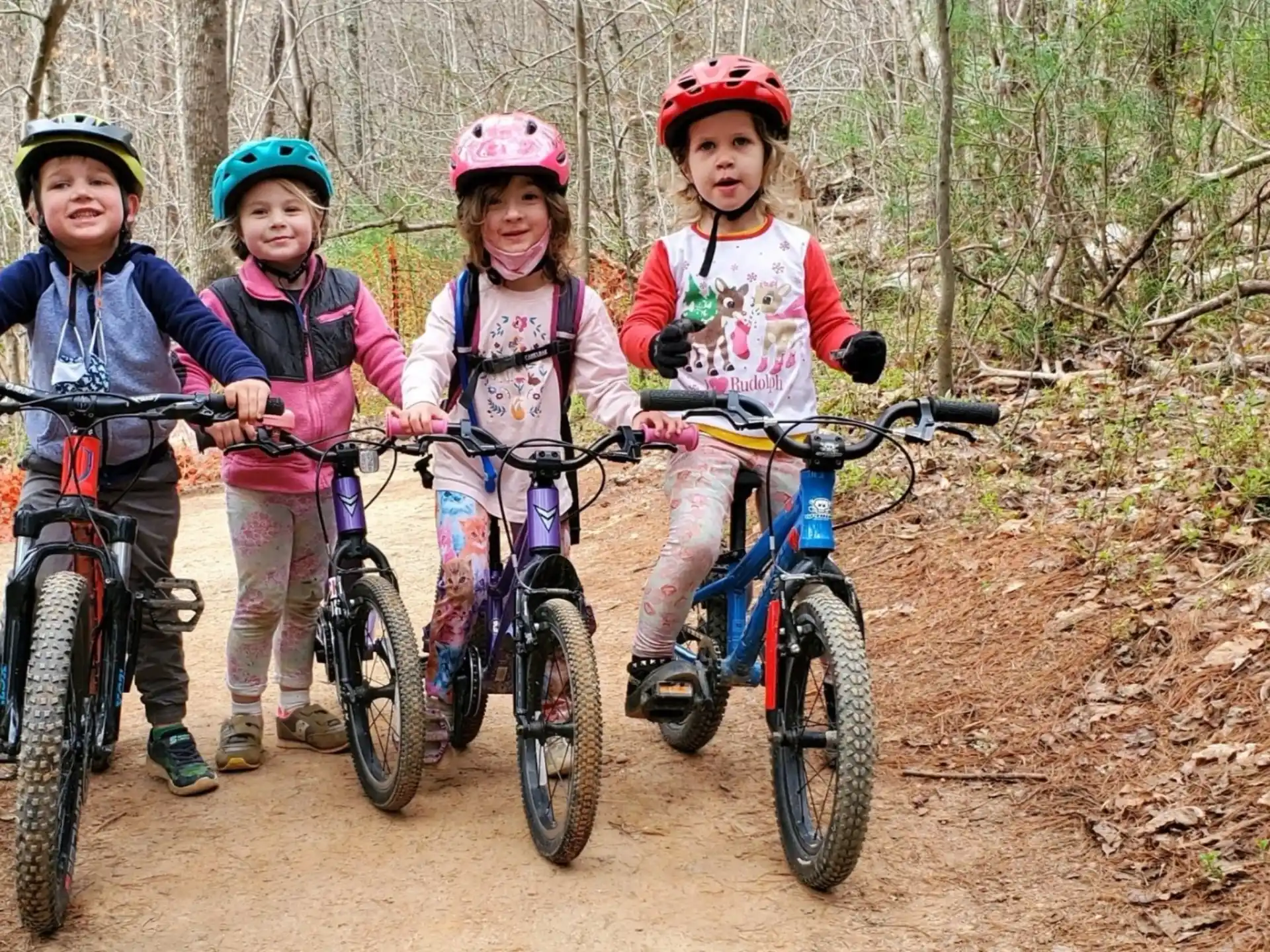 a group of kids on bikes in the woods