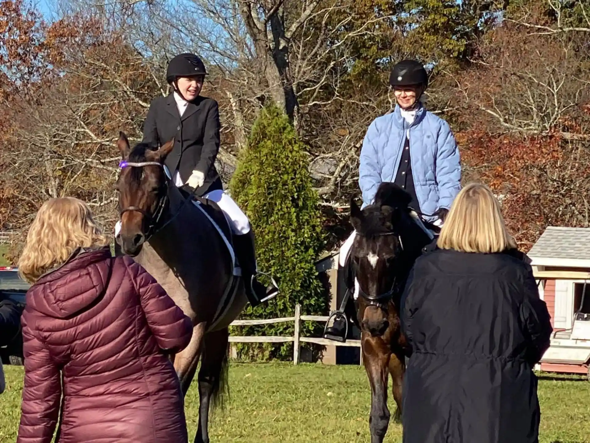 a group of people stand around some horses