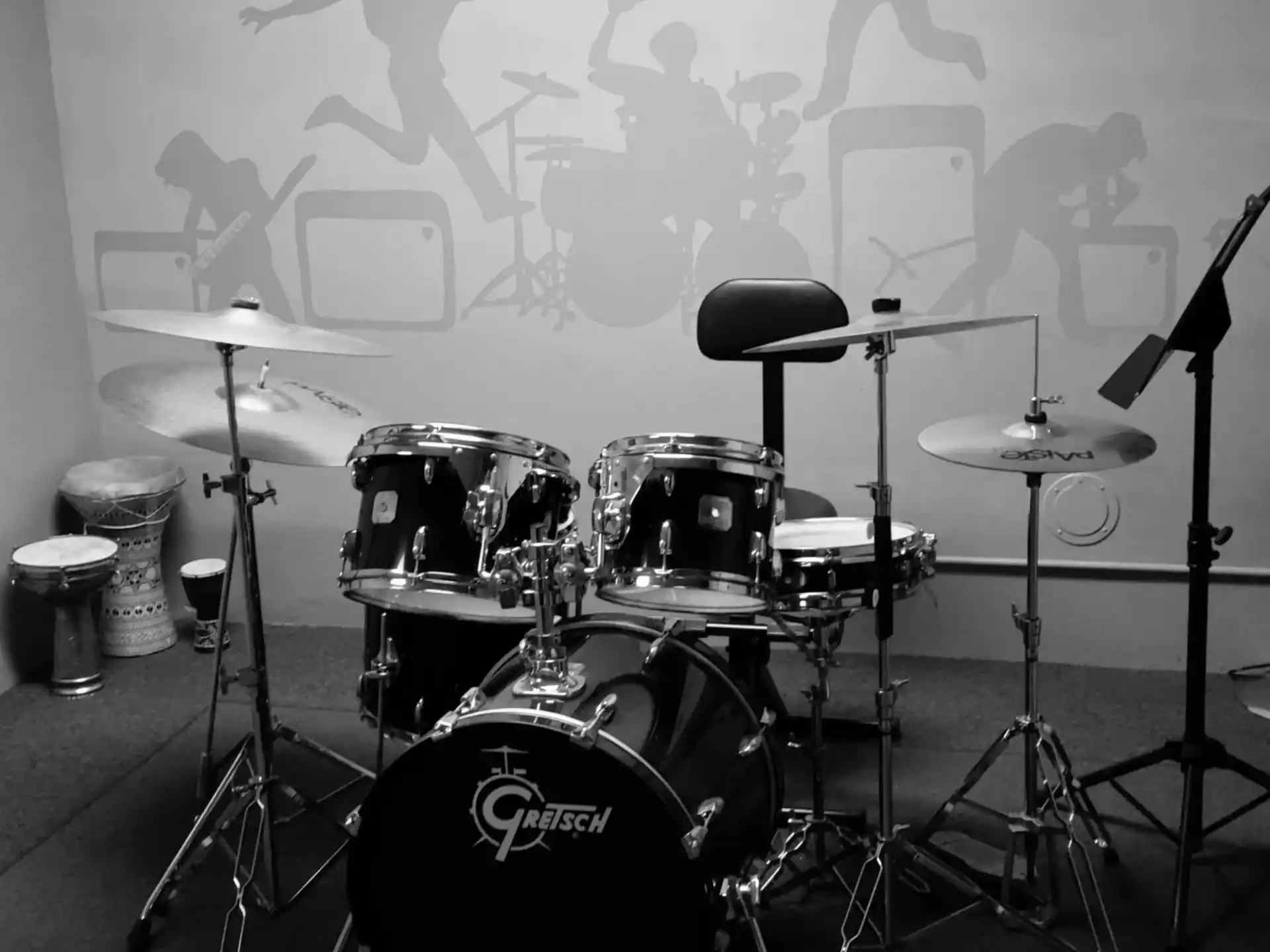 a drum set in a room