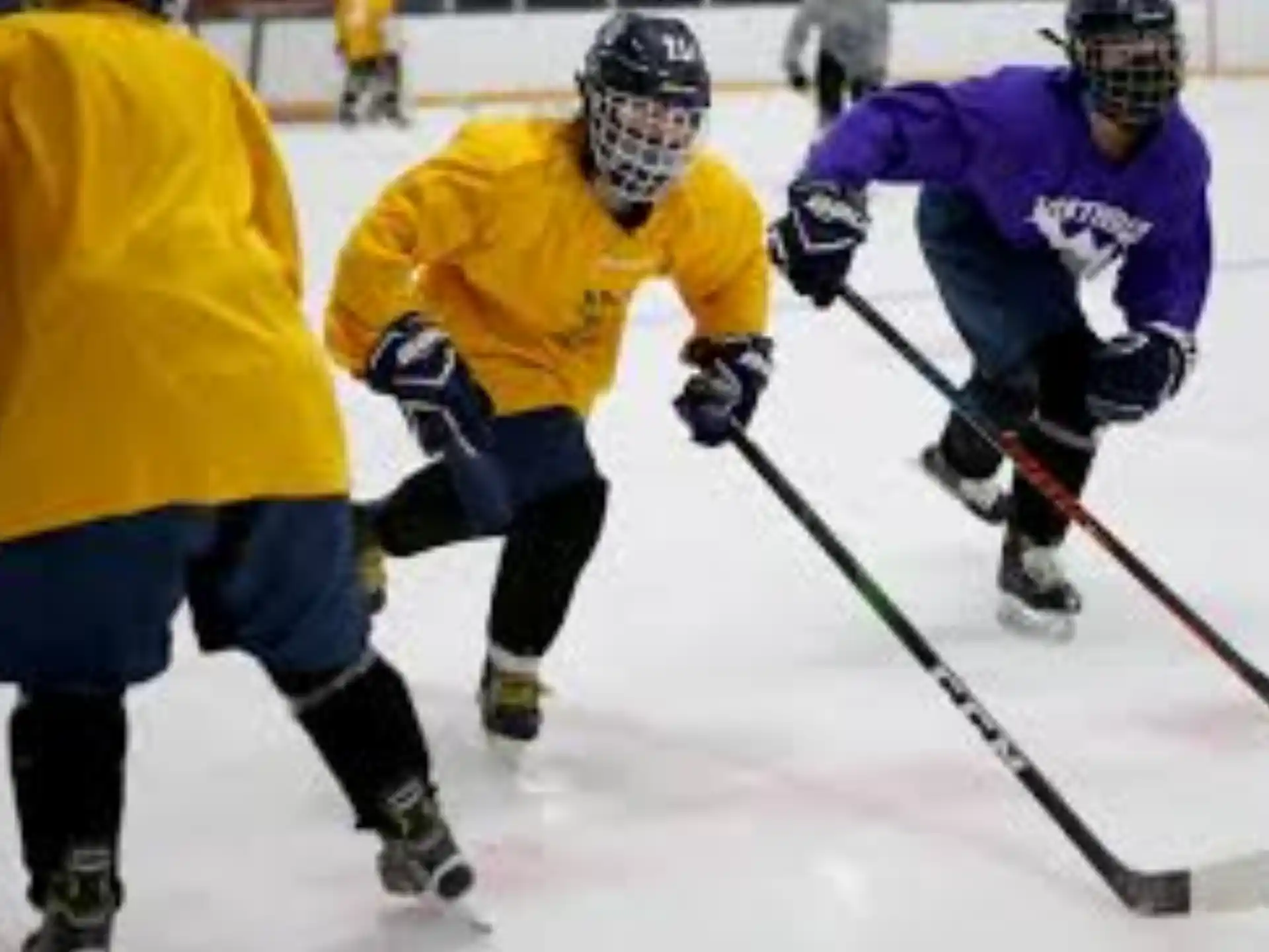 a group of people playing hockey