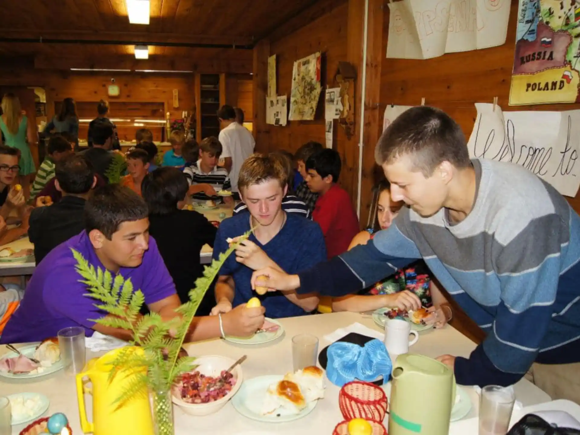 a group of people eating at a table