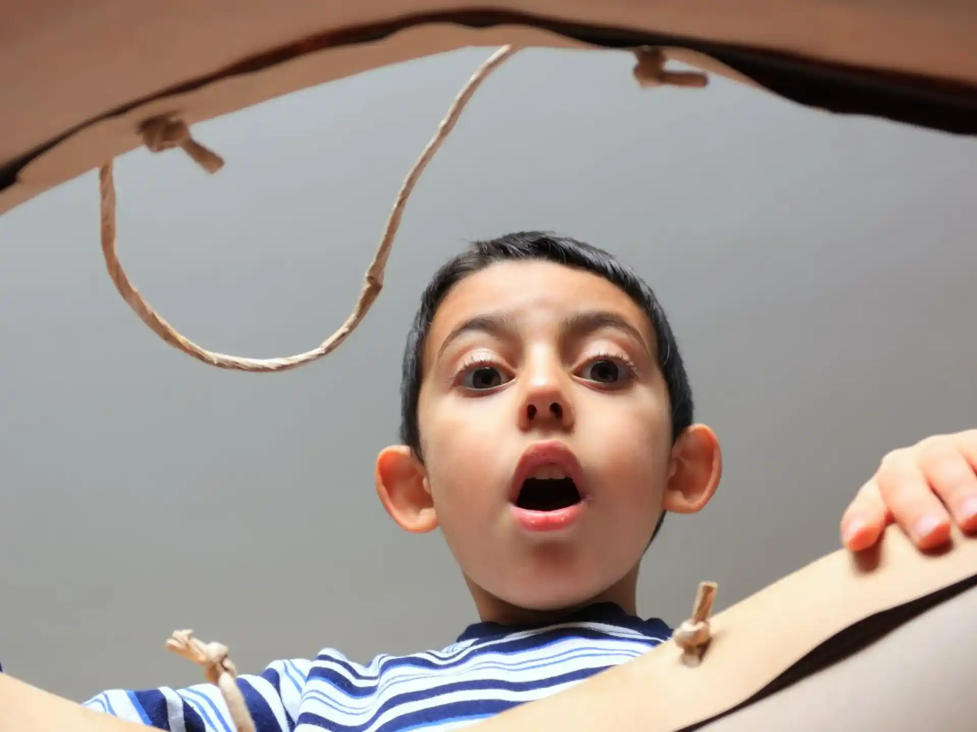 a boy holding a wooden object