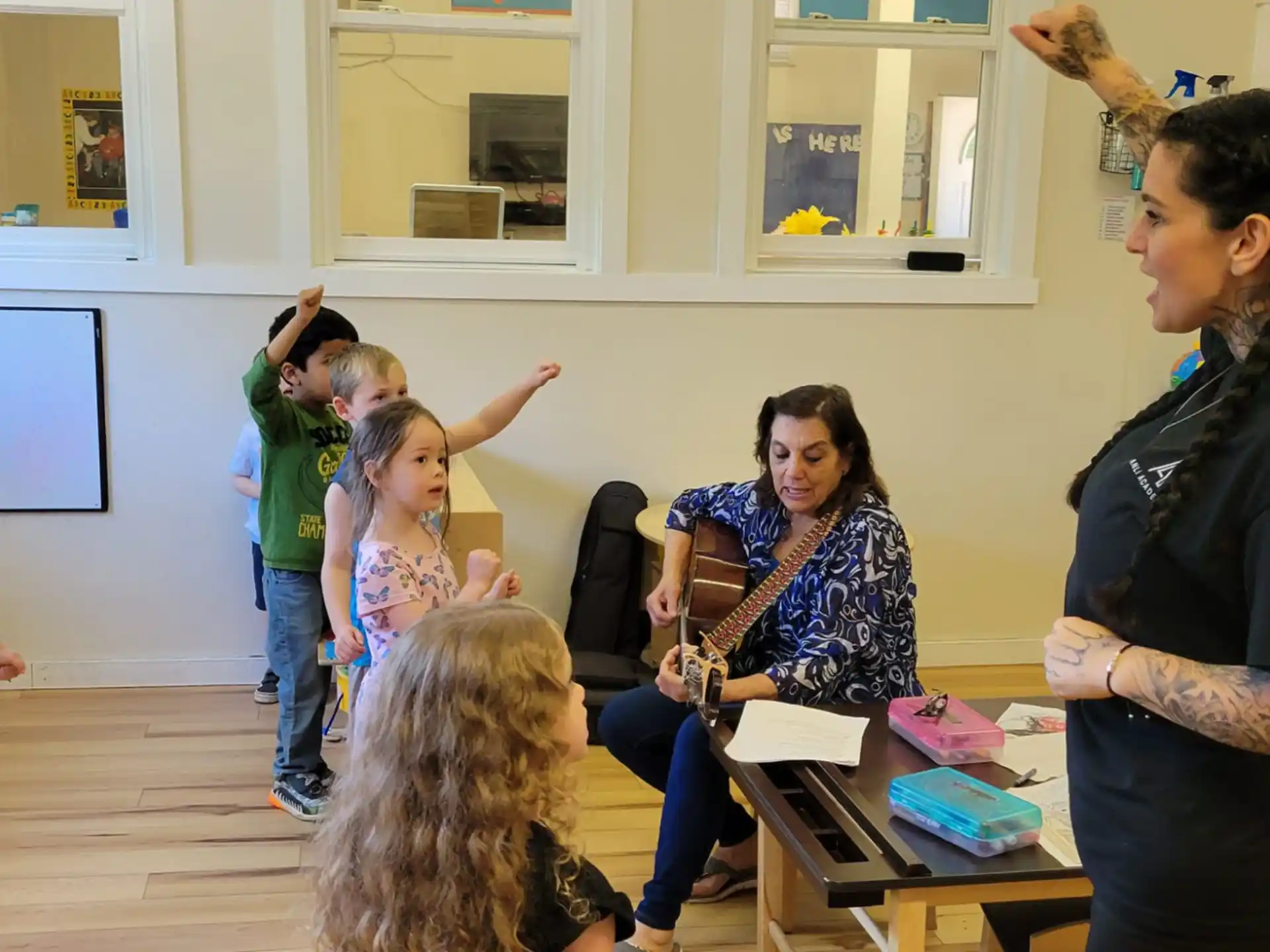 a group of people in a classroom