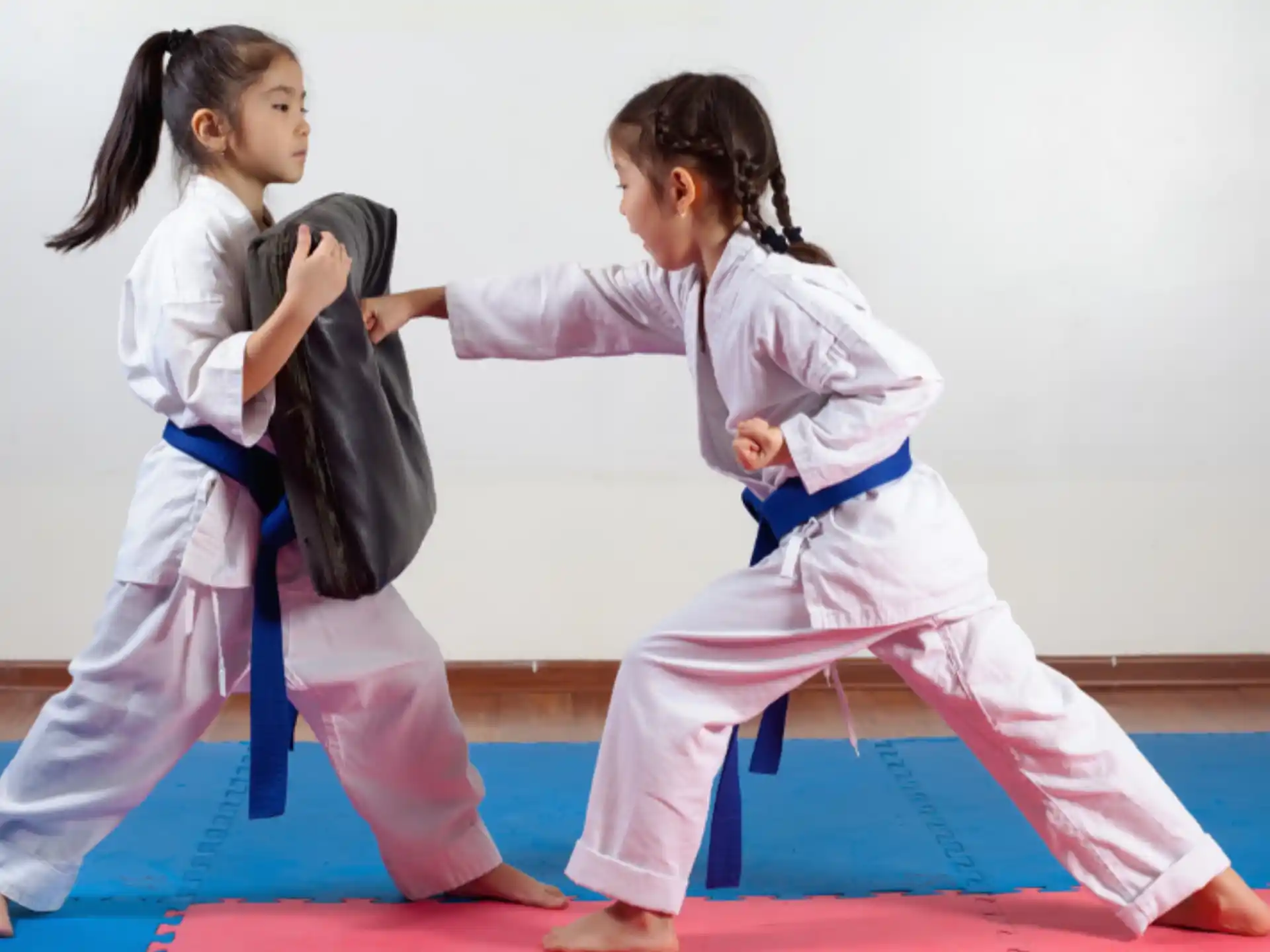 a couple of girls in karate uniforms