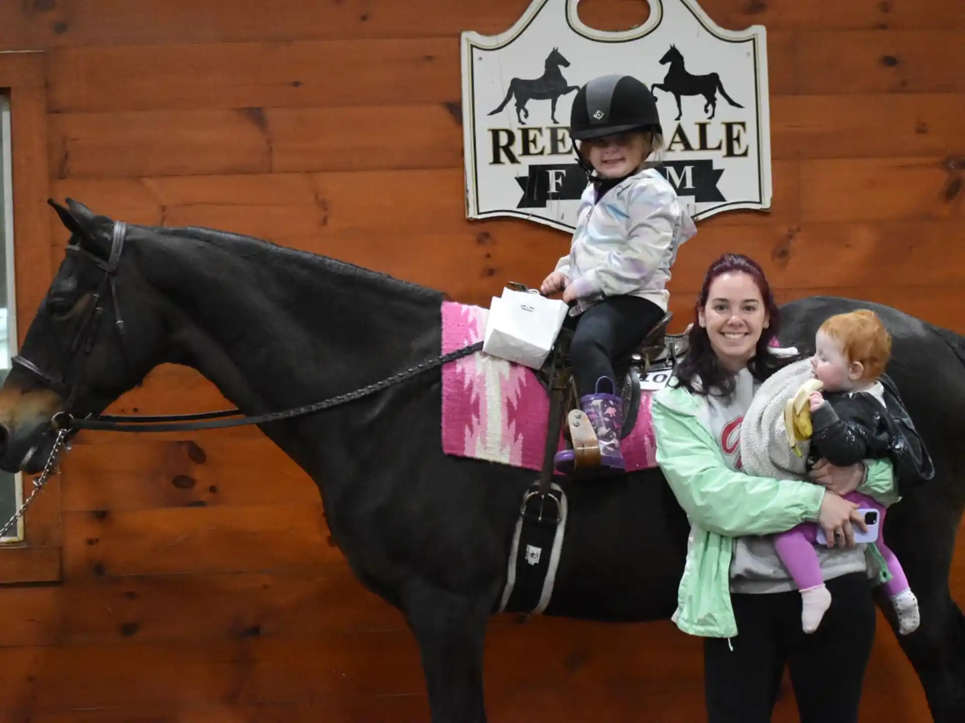 a person and two children on a horse