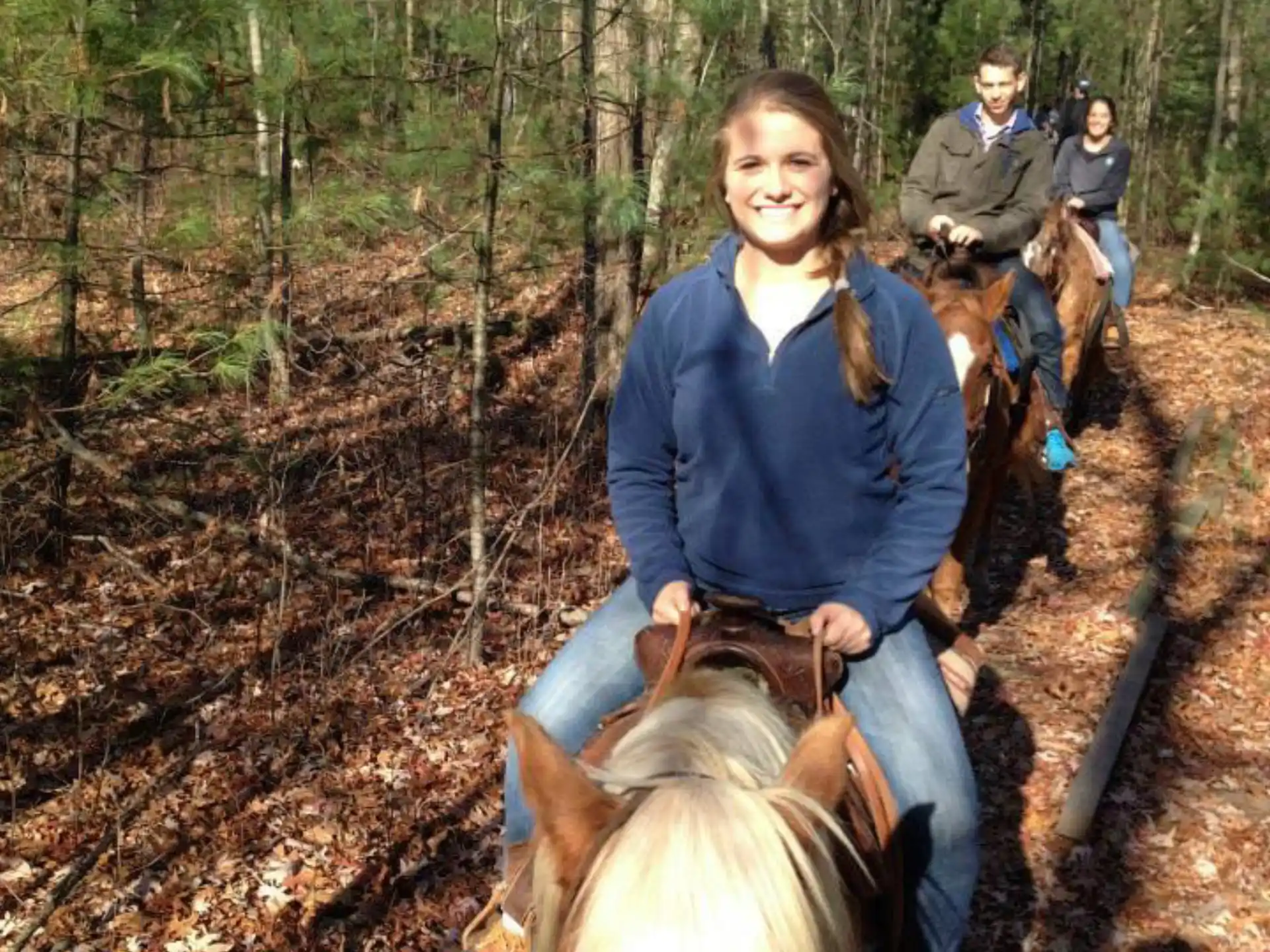 a person riding a horse in the woods