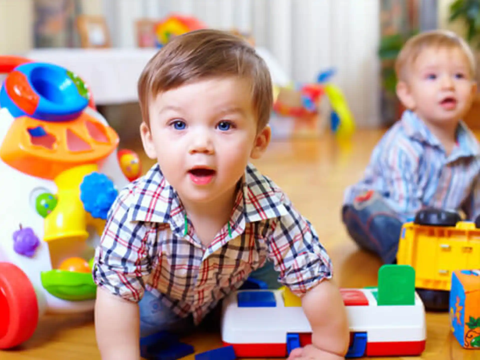 a couple of young boys playing with toys