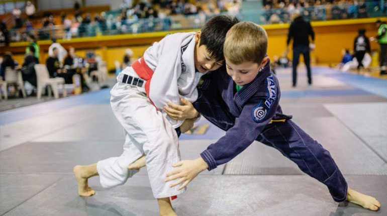 a couple of boys in karate uniforms
