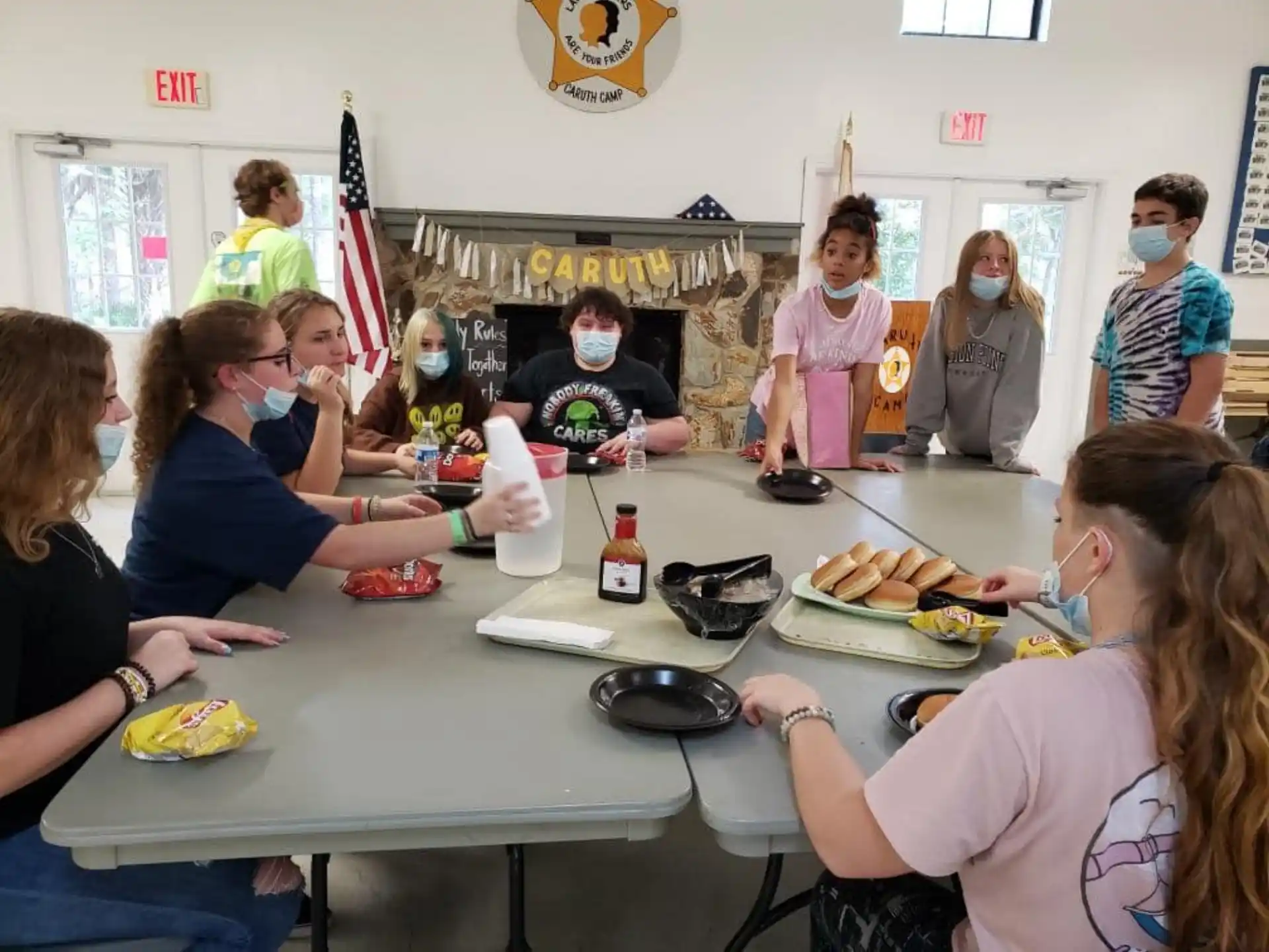 a group of people eating at a table