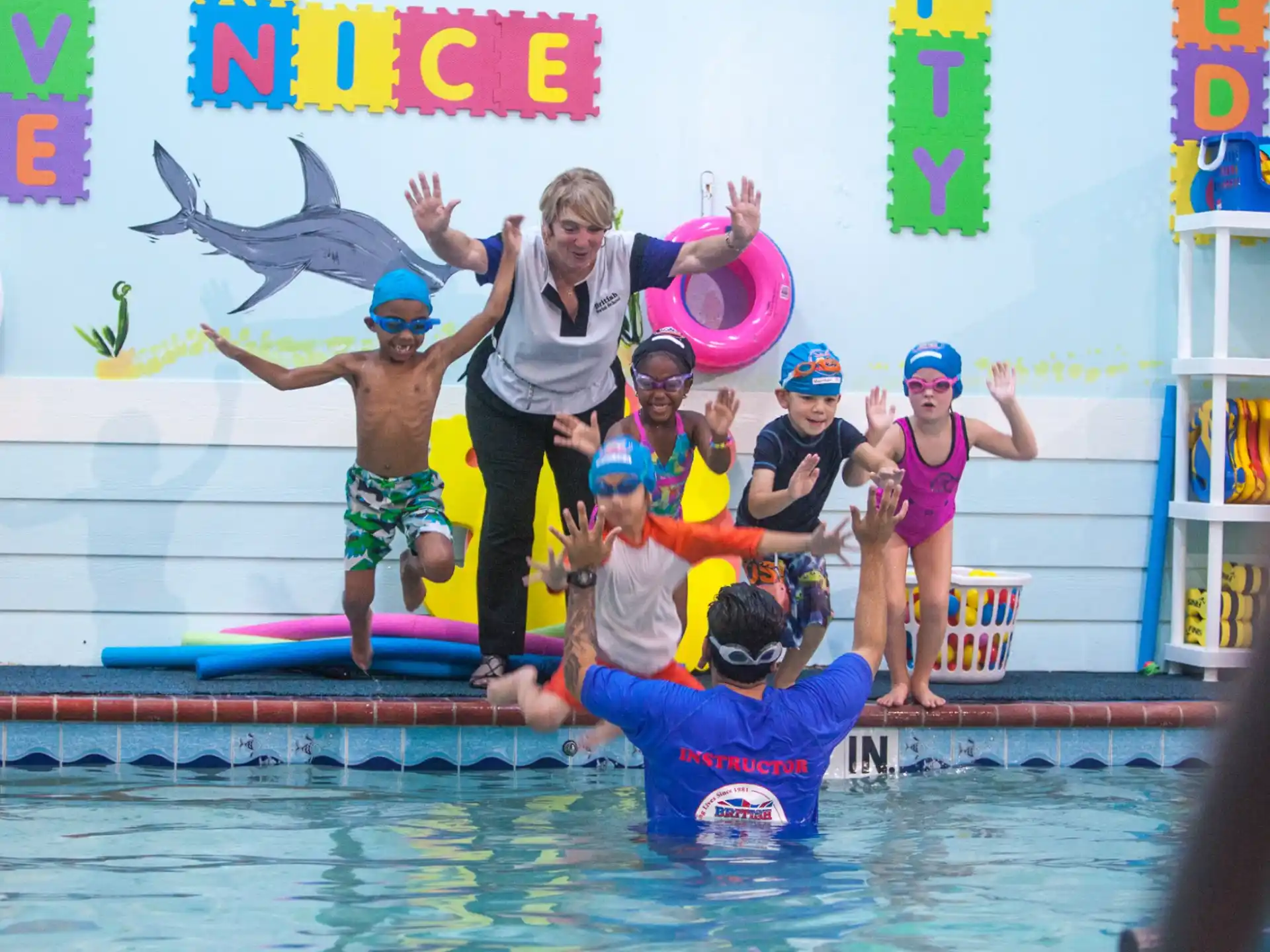 a group of people in a pool