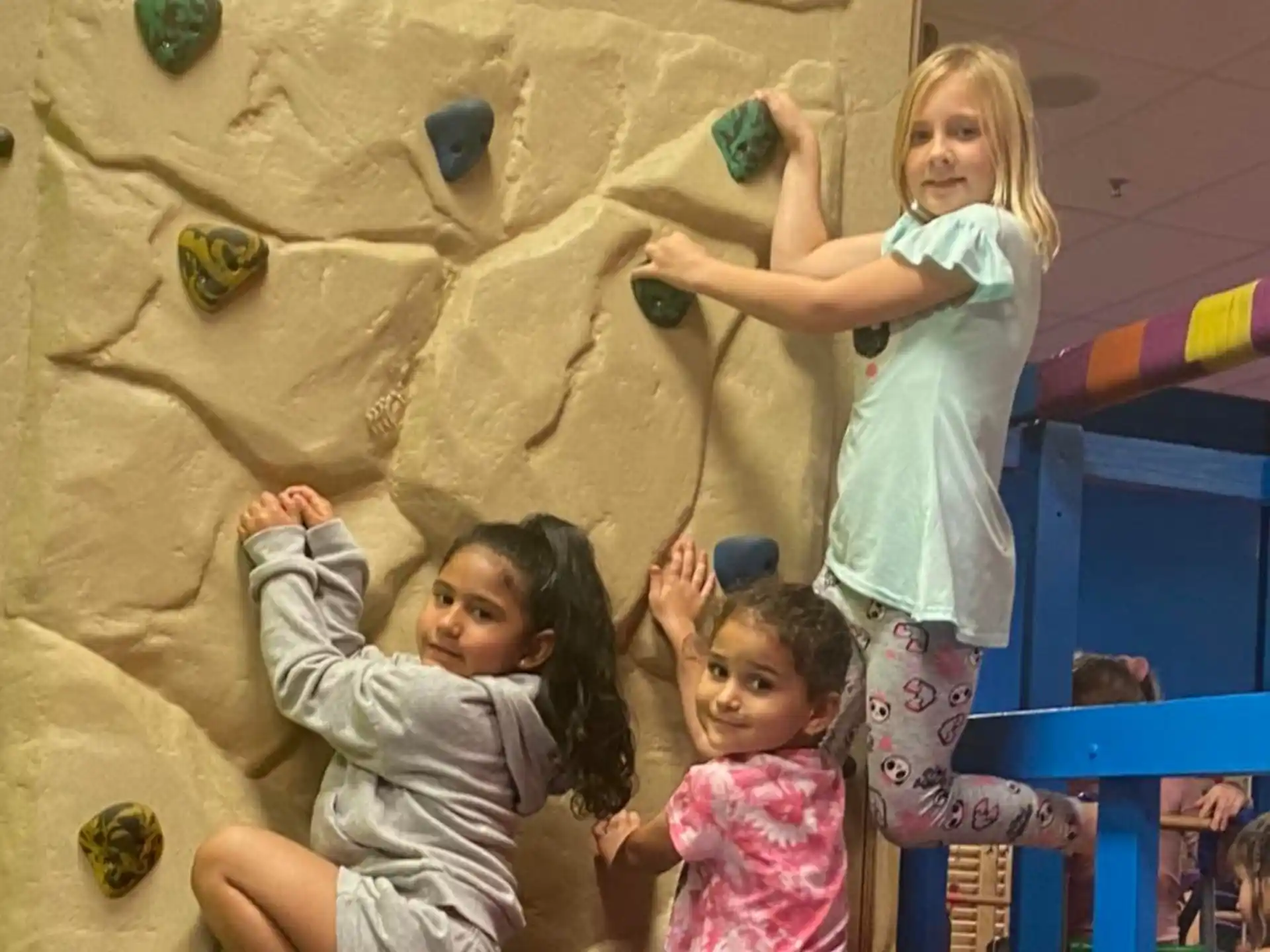 a group of children climbing a rock wall