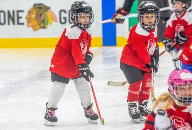a group of kids playing hockey
