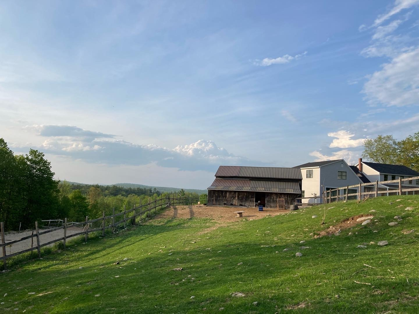 a grassy field with buildings in the background