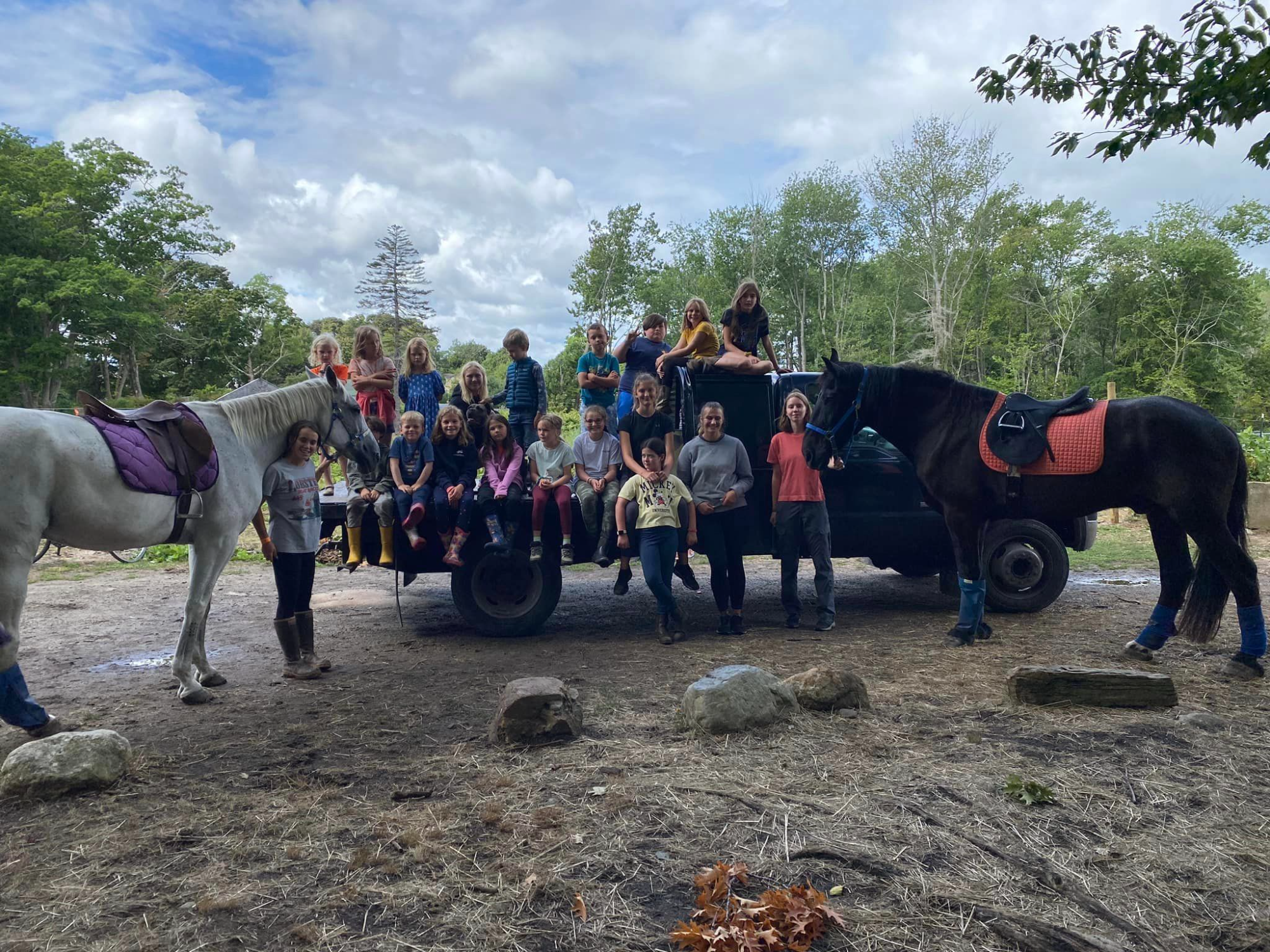 a group of people posing for a photo next to a horse and a car