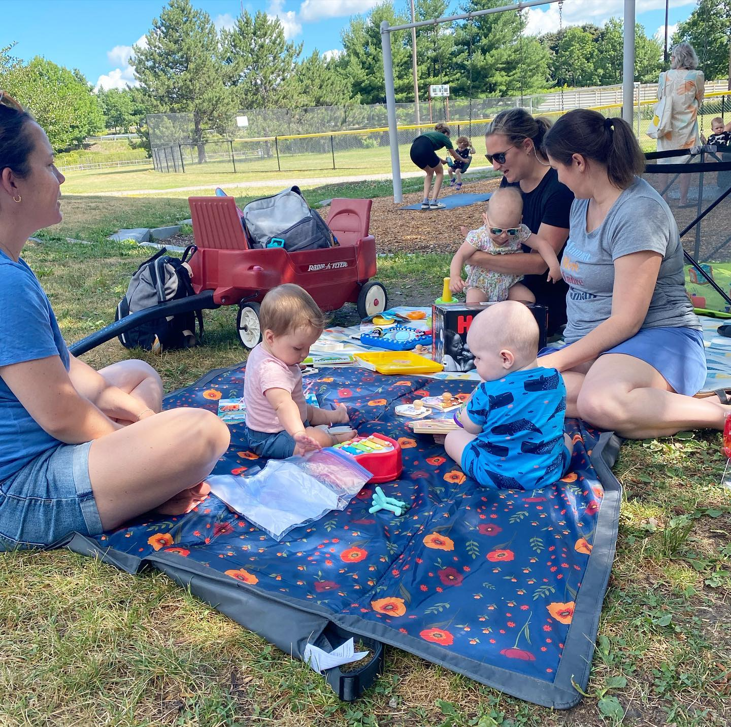 a group of people sitting on a blanket in a grassy area