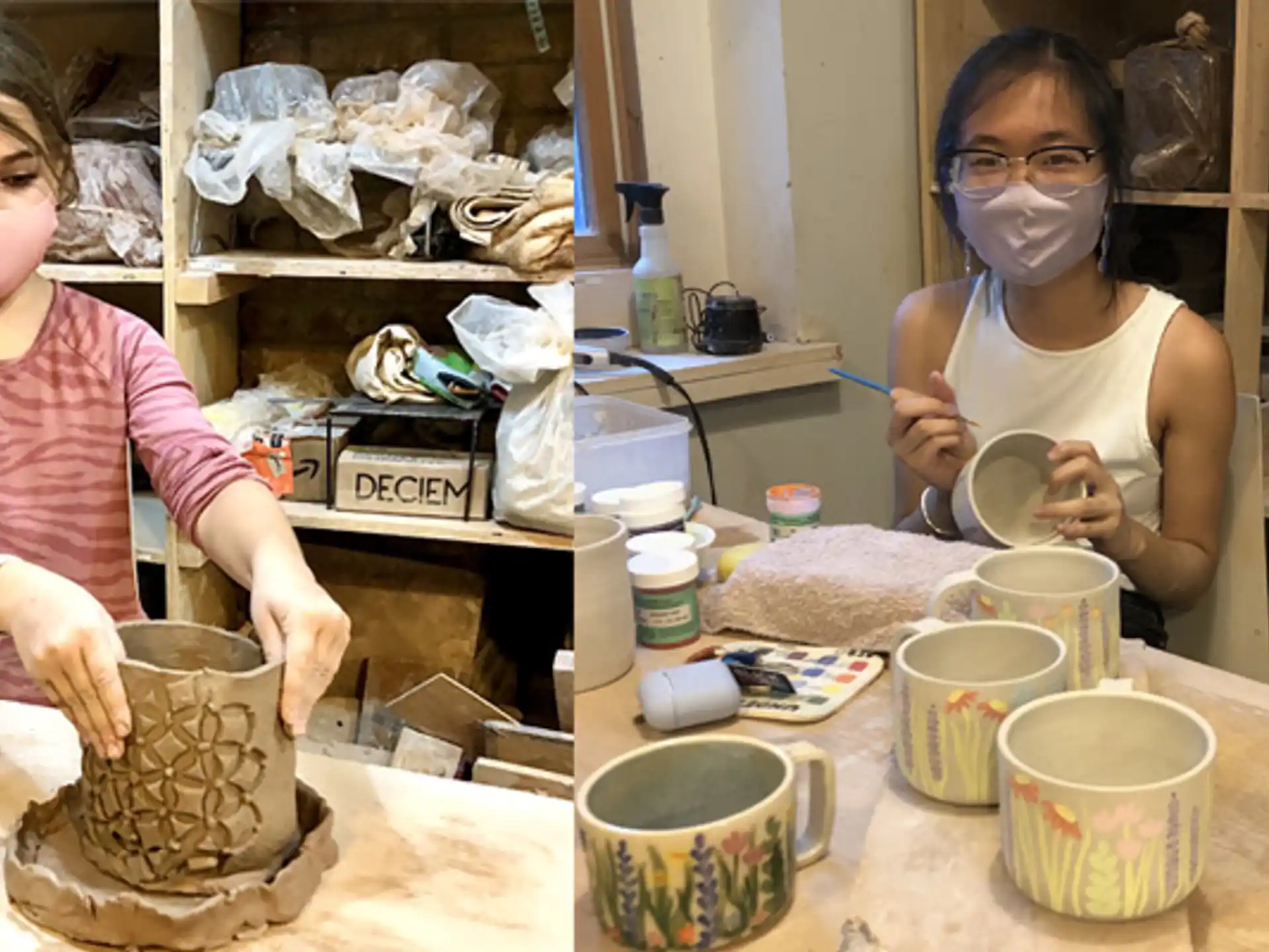 a couple of girls sitting at a table with cups and a spoon