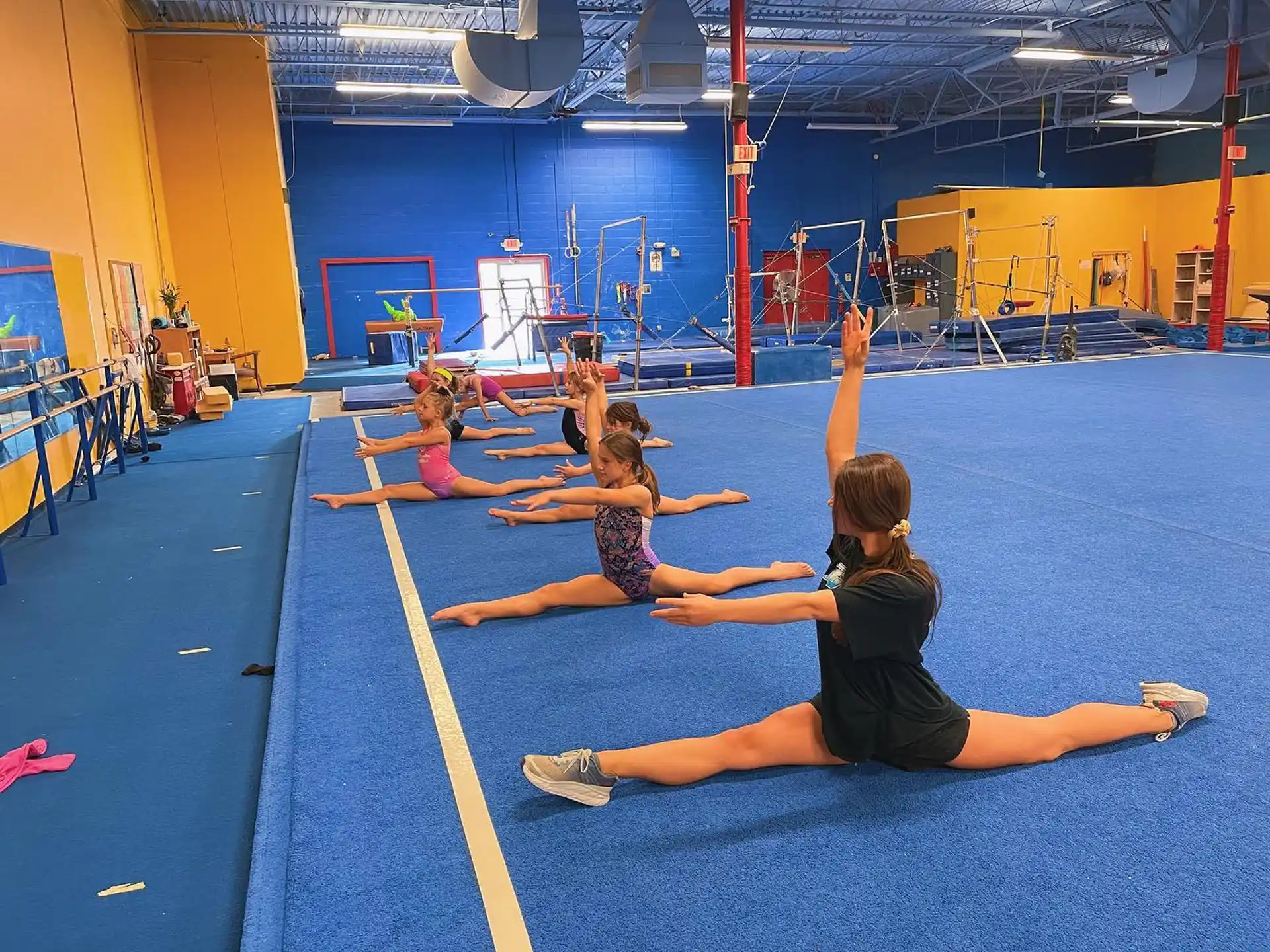 a group of people exercising in a gym