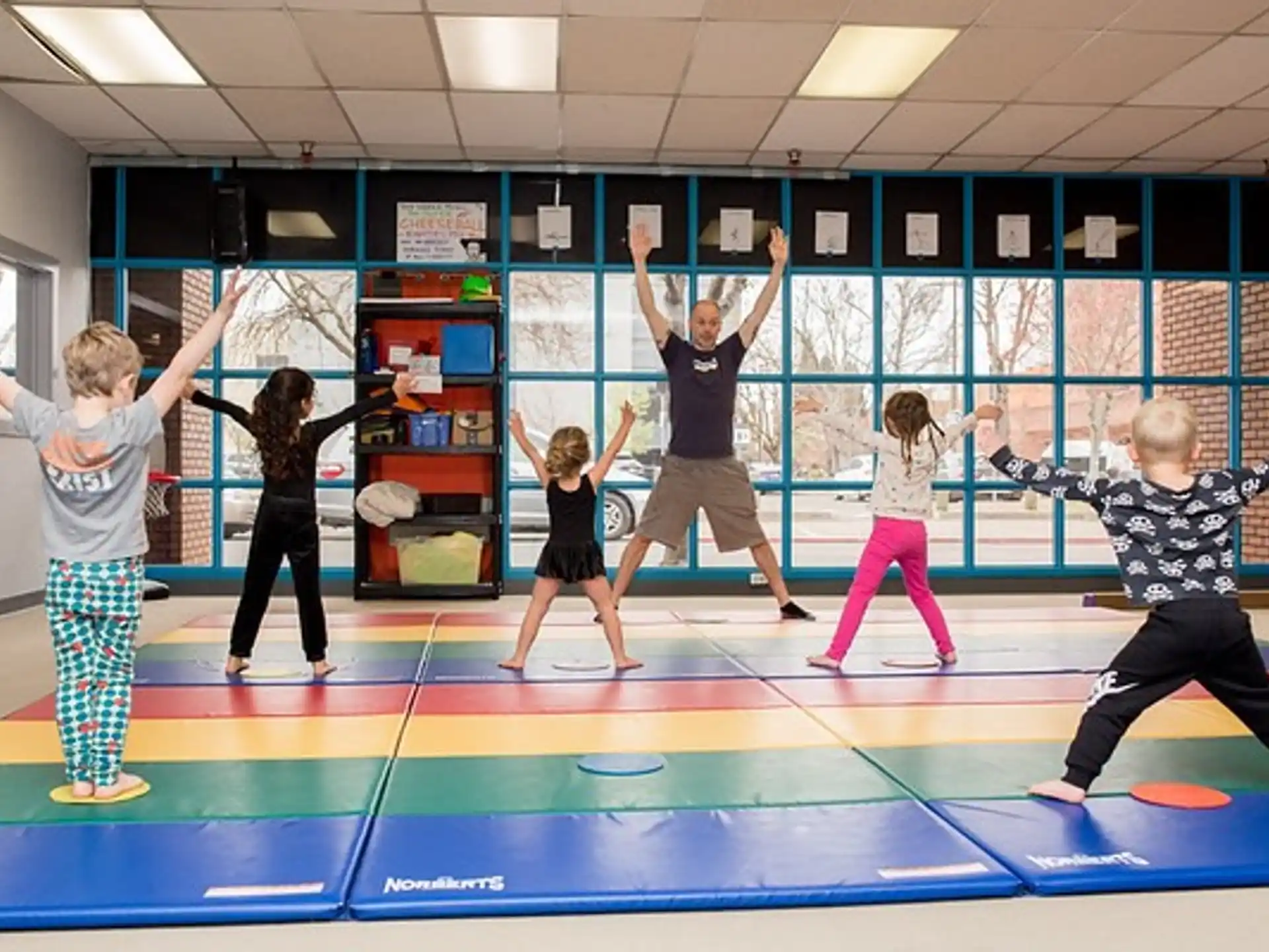 a group of children exercising