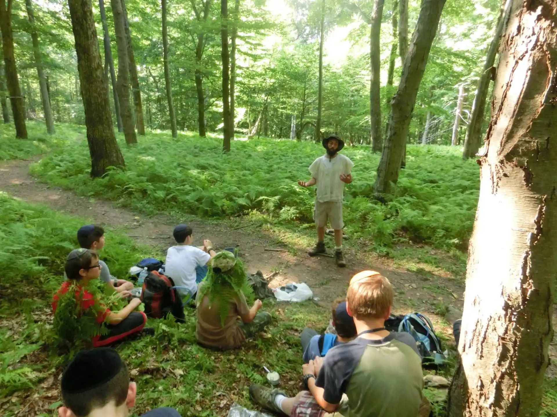 a group of people sitting in a forest