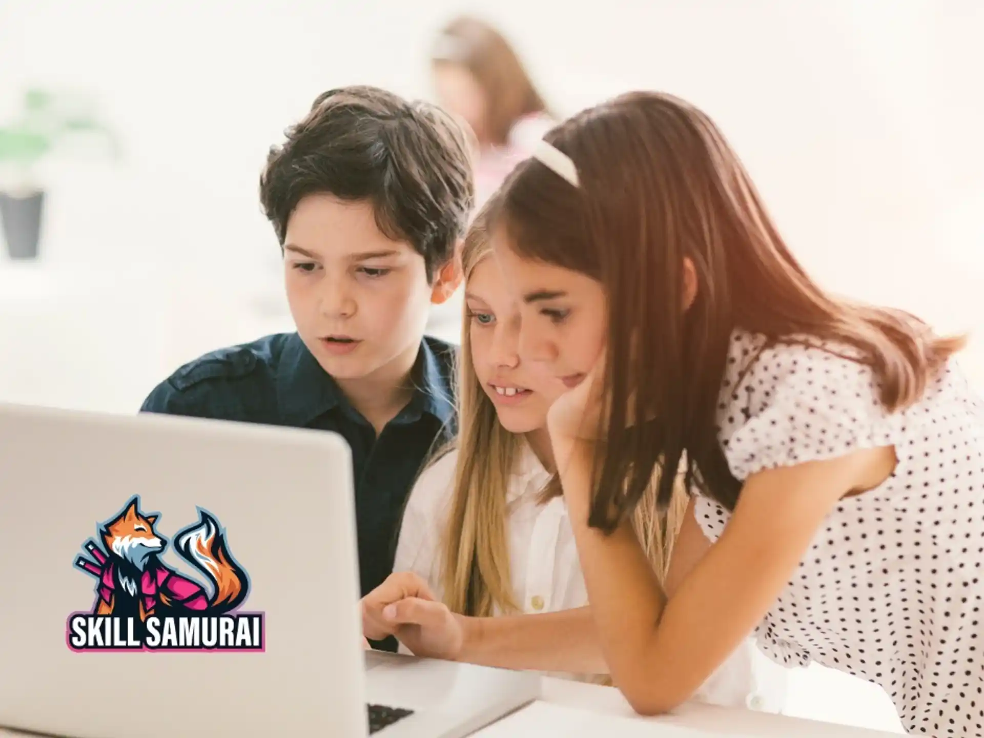 a man and a woman looking at a laptop