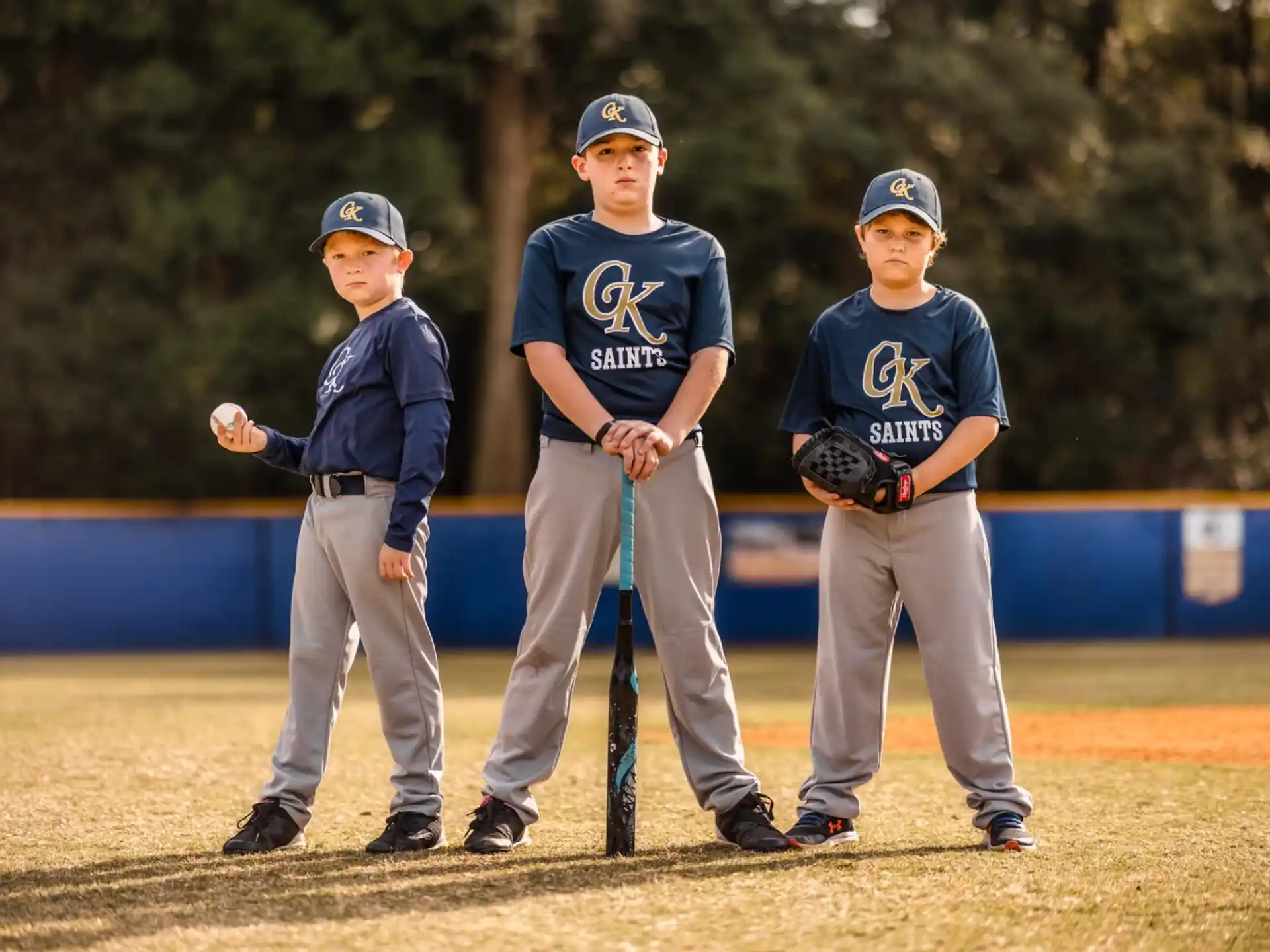 a group of kids stand on a baseball field