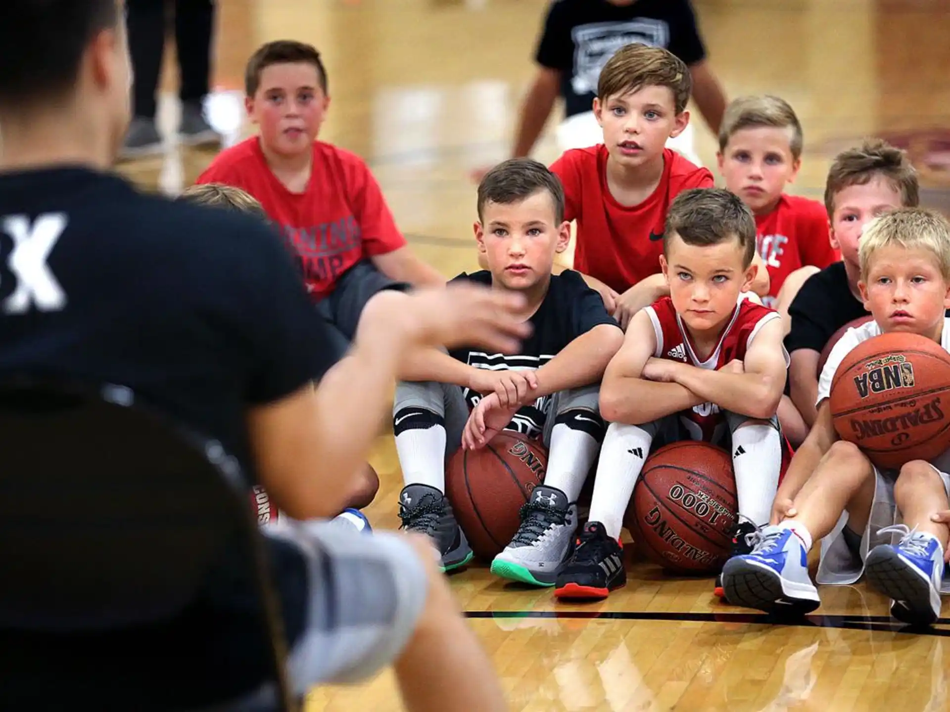 a group of kids sitting on the floor with basketballs
