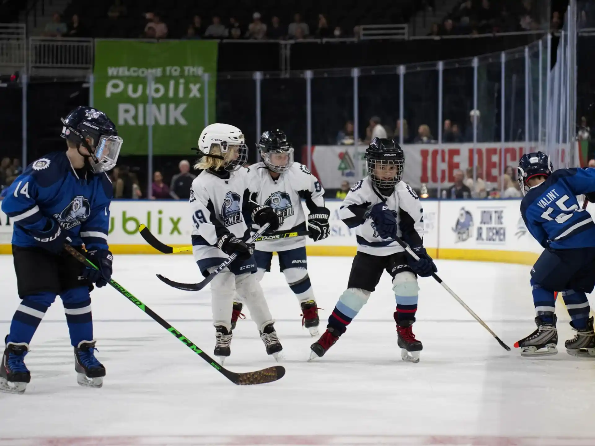 a group of people playing hockey