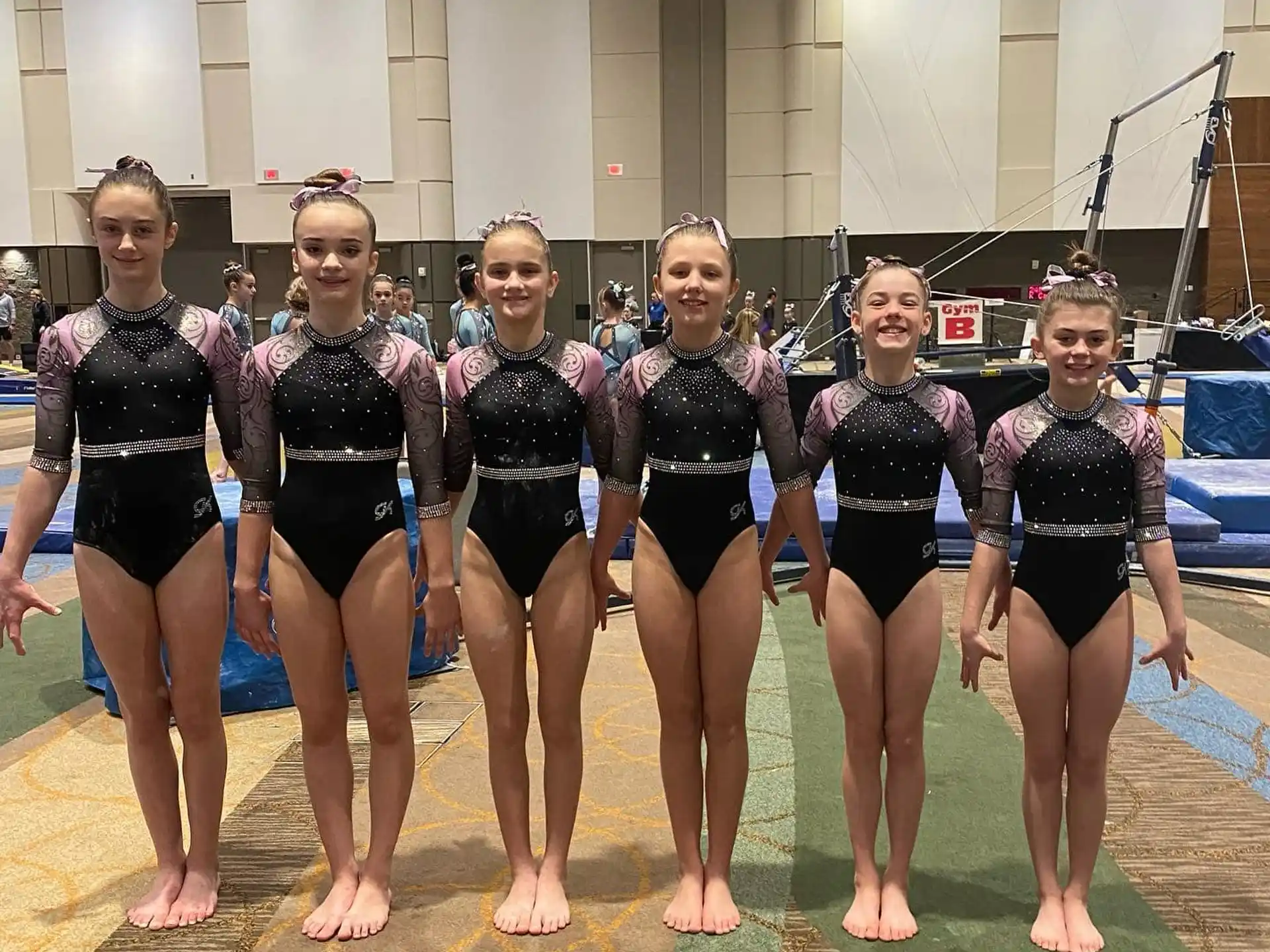 a group of women in leotards posing for a photo