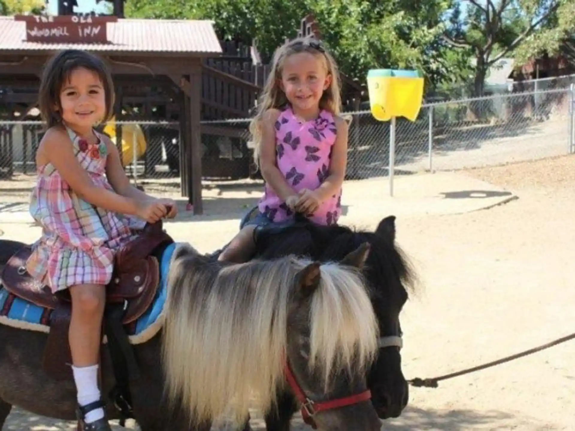 a couple of girls riding a horse