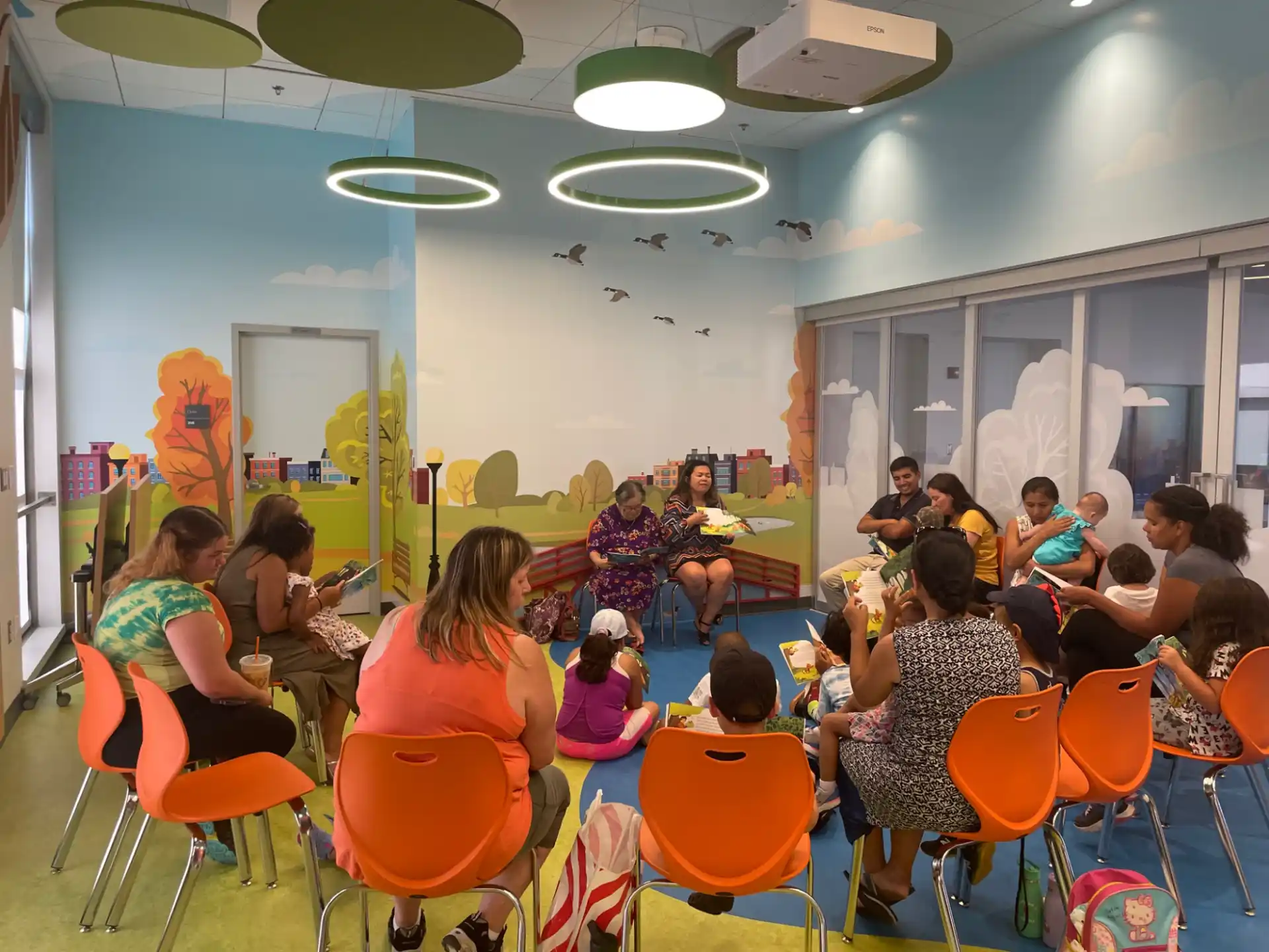 a group of people sitting in chairs