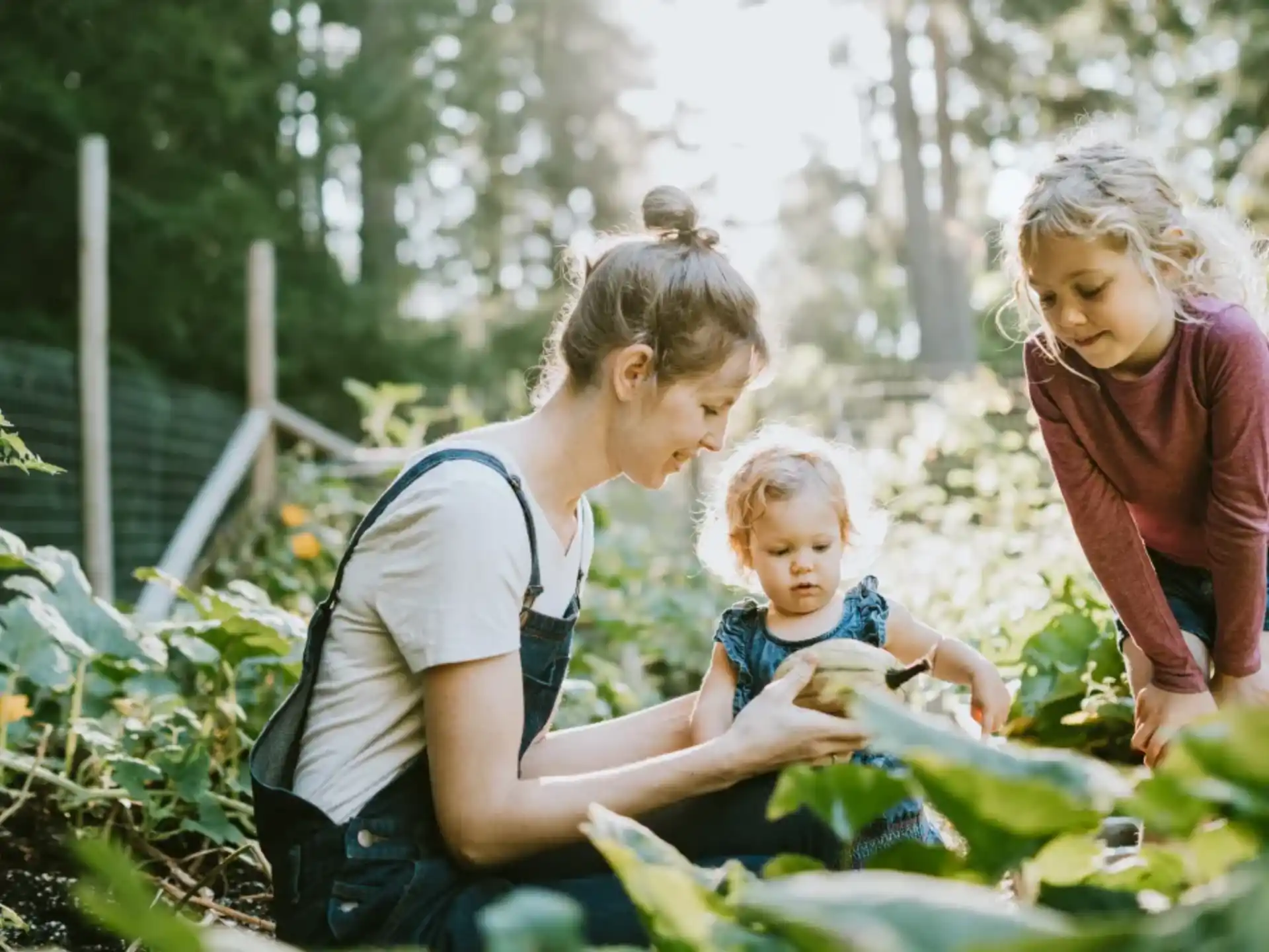 a person and a couple of children in a garden