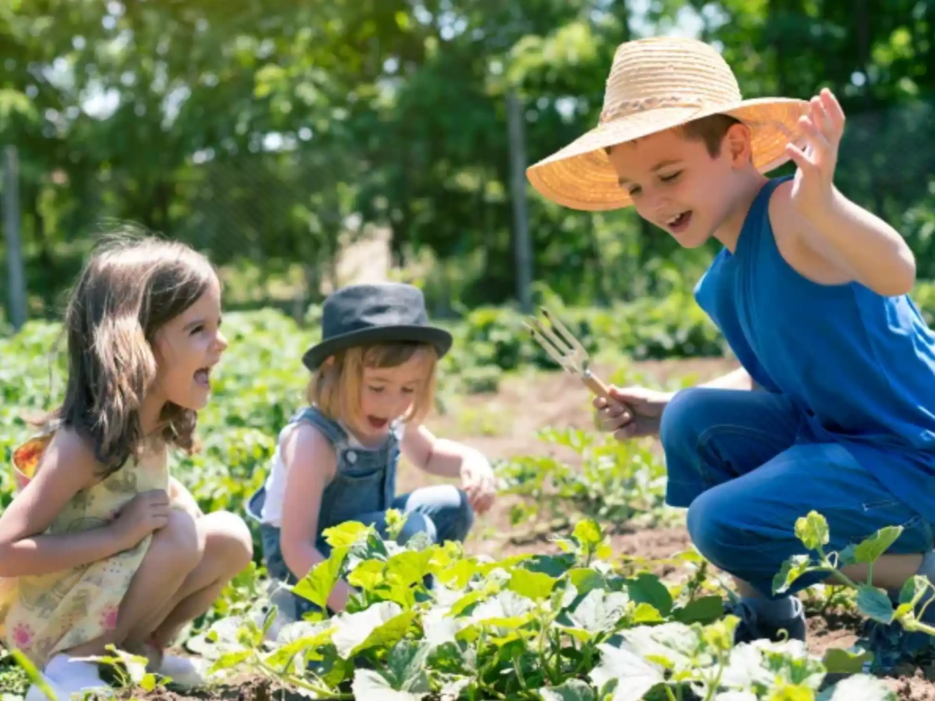 a person and two children in a garden