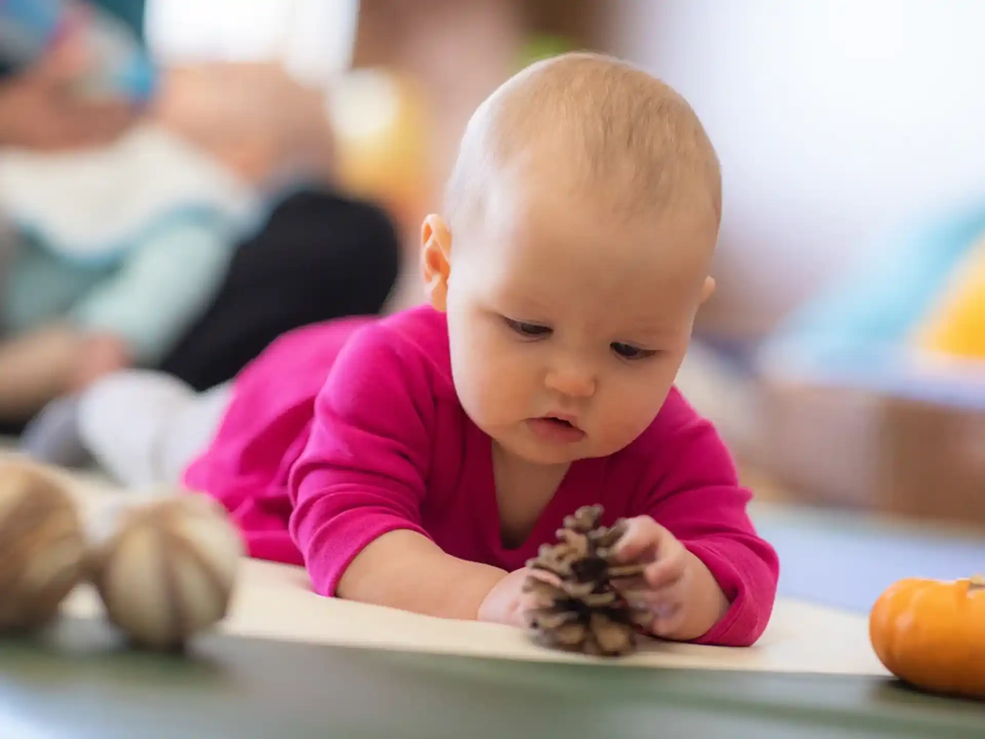 a baby crawling on a table