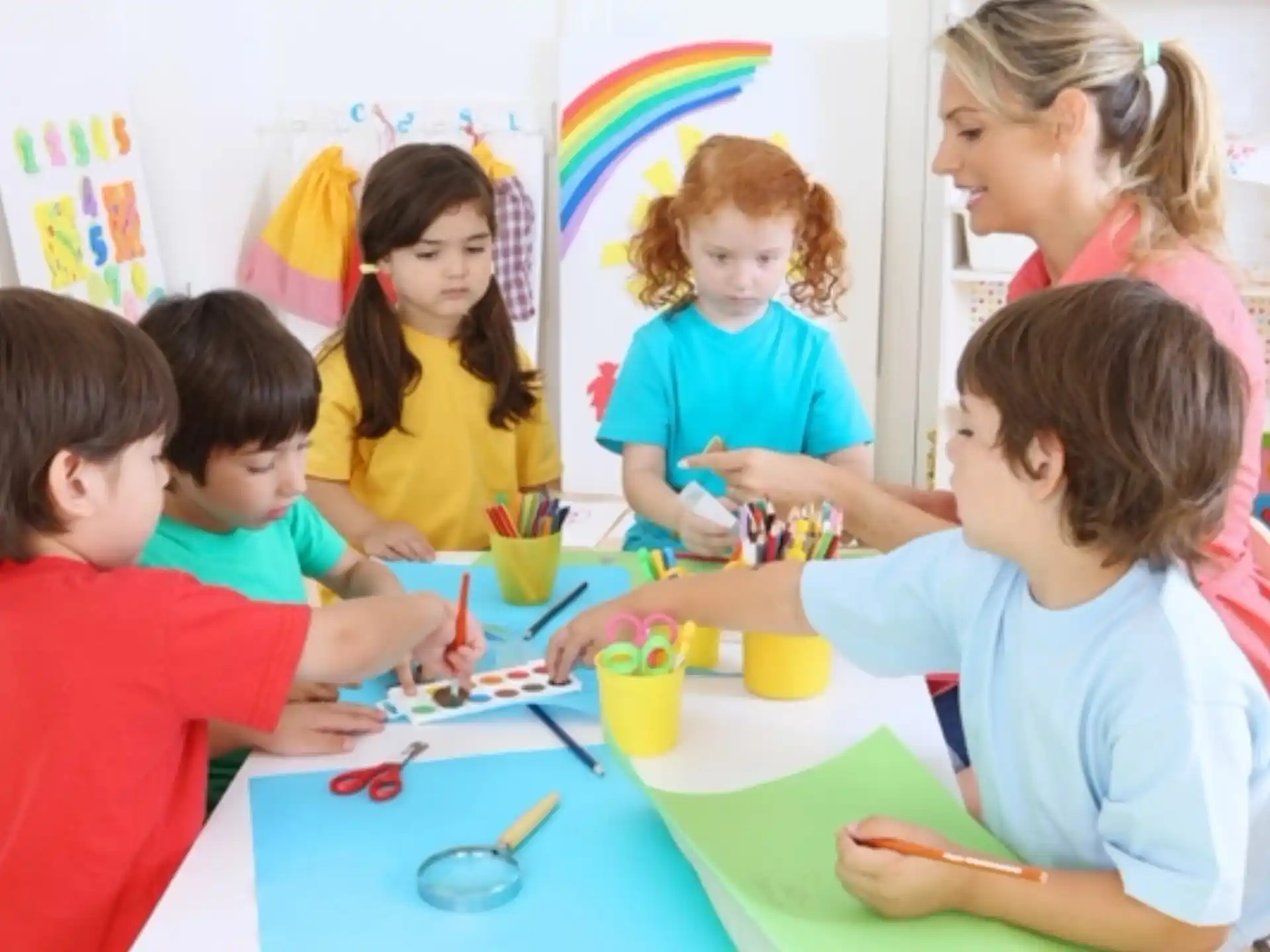 a group of children sitting around a table
