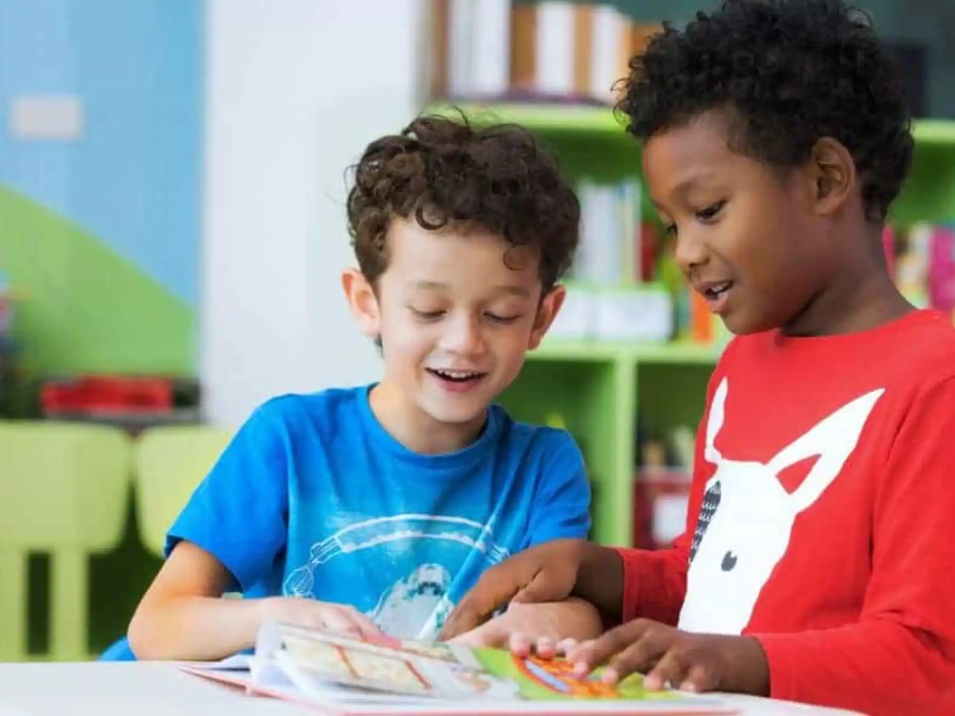 medium shot of kids looking at a book