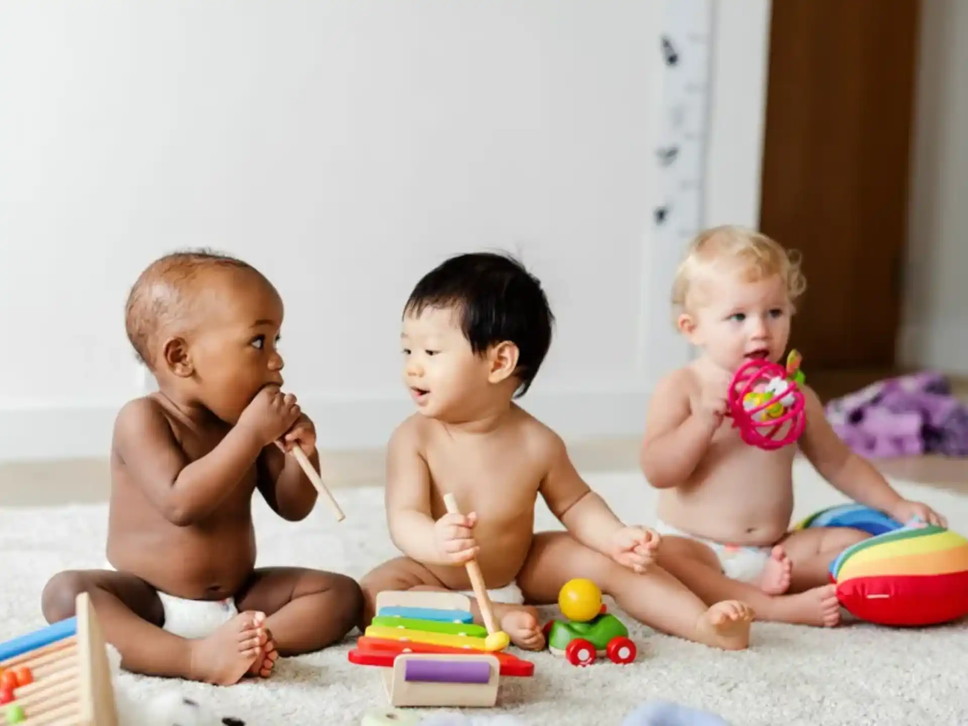 a group of babies playing with toys