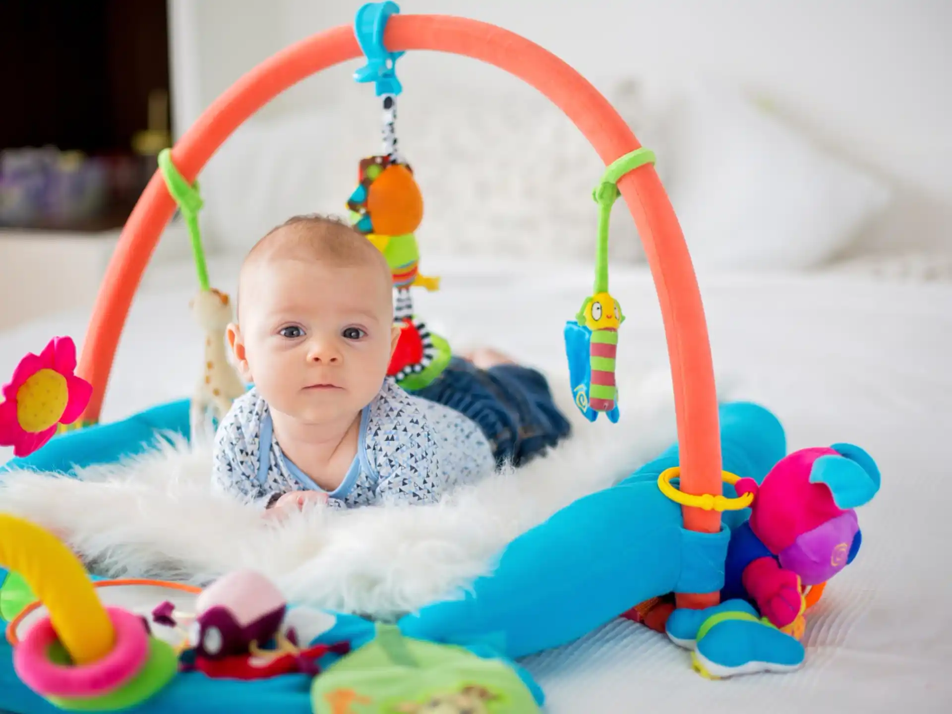 a baby in a basket with a toy