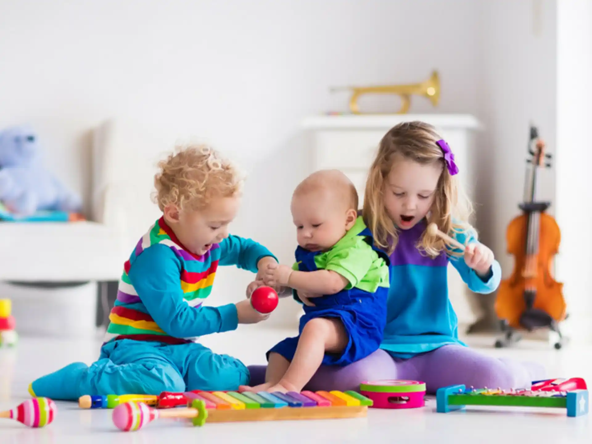 a couple of children sitting on the floor playing with toys