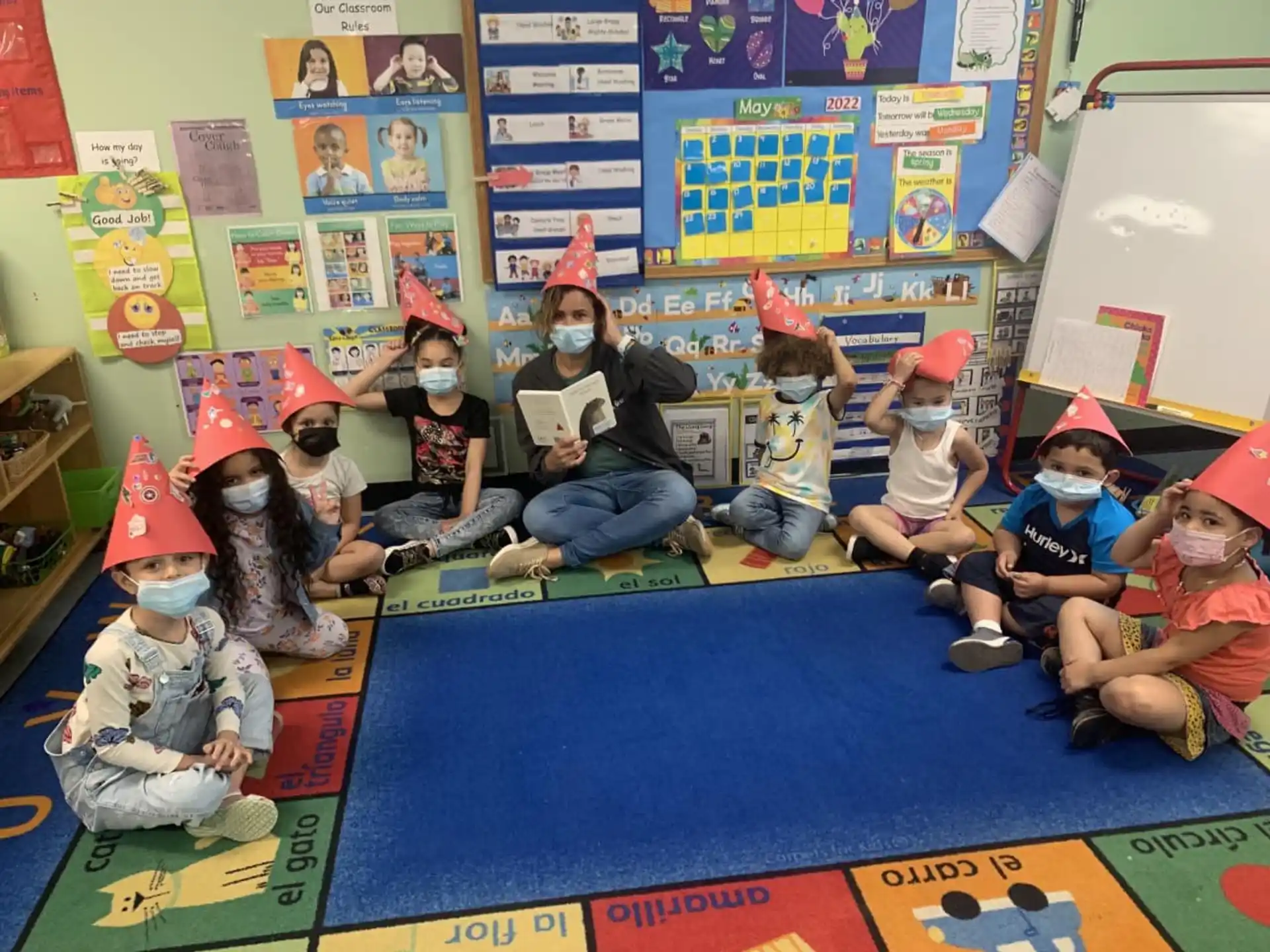 a group of children wearing party hats