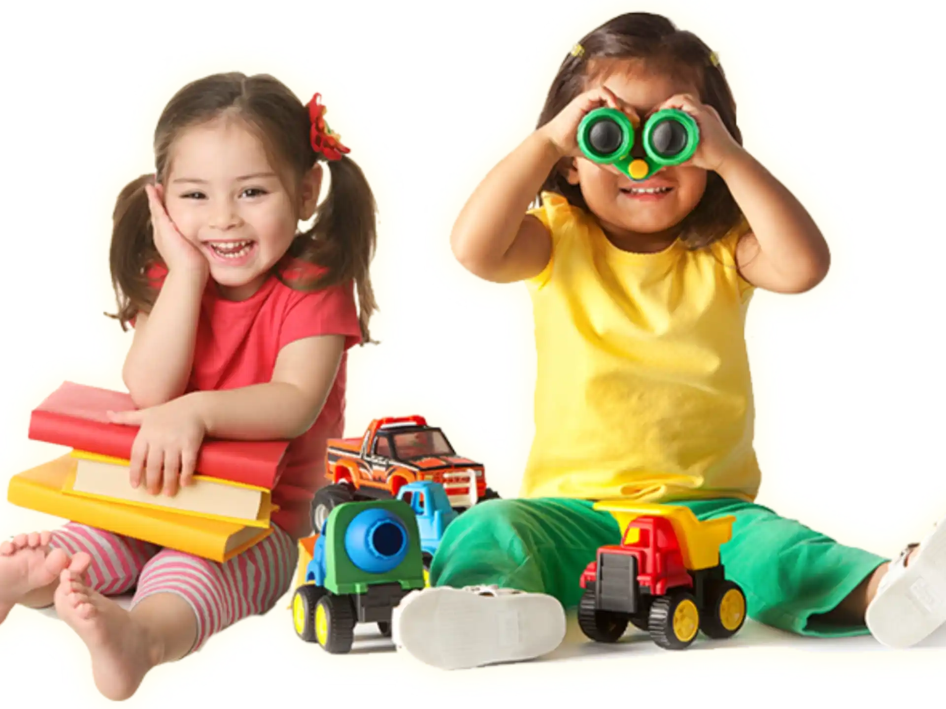 a couple of girls wearing green goggles and playing with toys